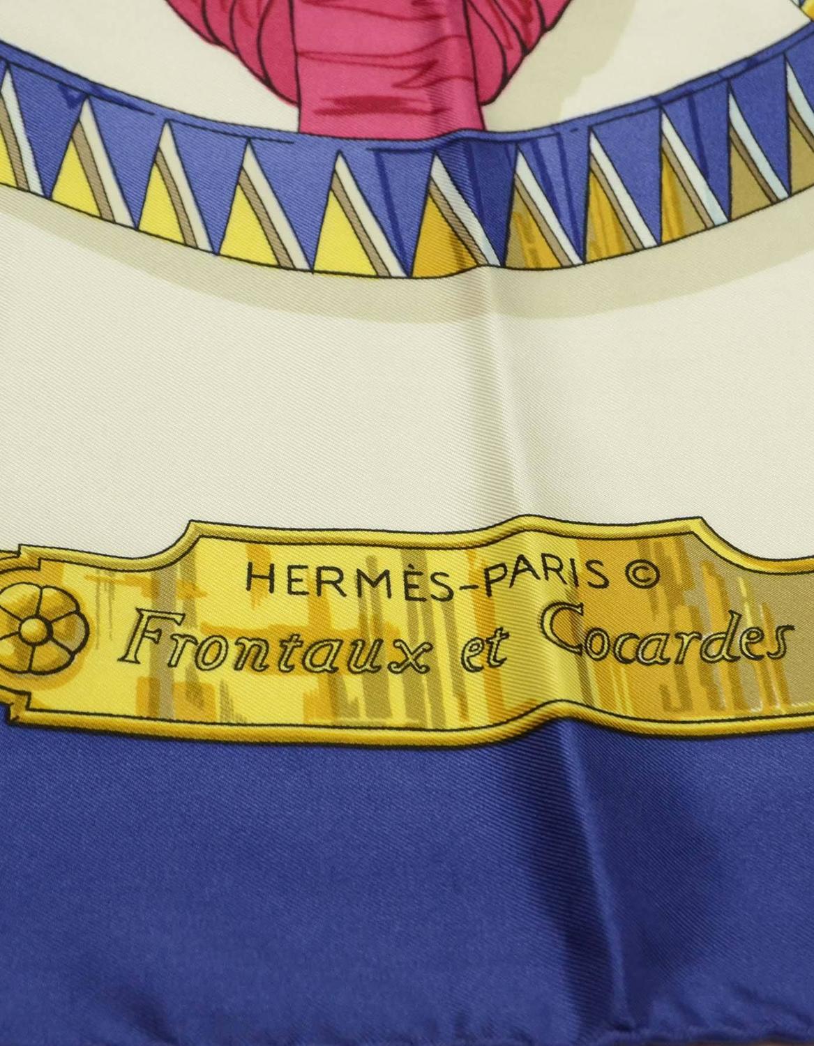 Hermes Blue and Ivory Frontaux Et Cocardes 90cm Silk Scarf For Sale at ...
