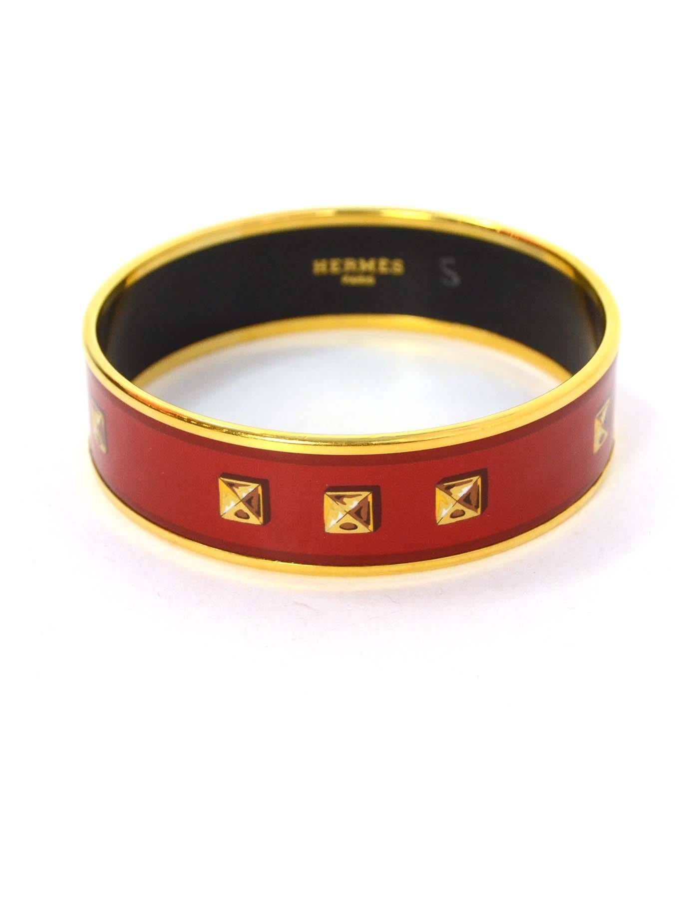 Hermes Red & Gold-Plated Enamel Bangle w/ Stud Design cz 65  In Excellent Condition In New York, NY
