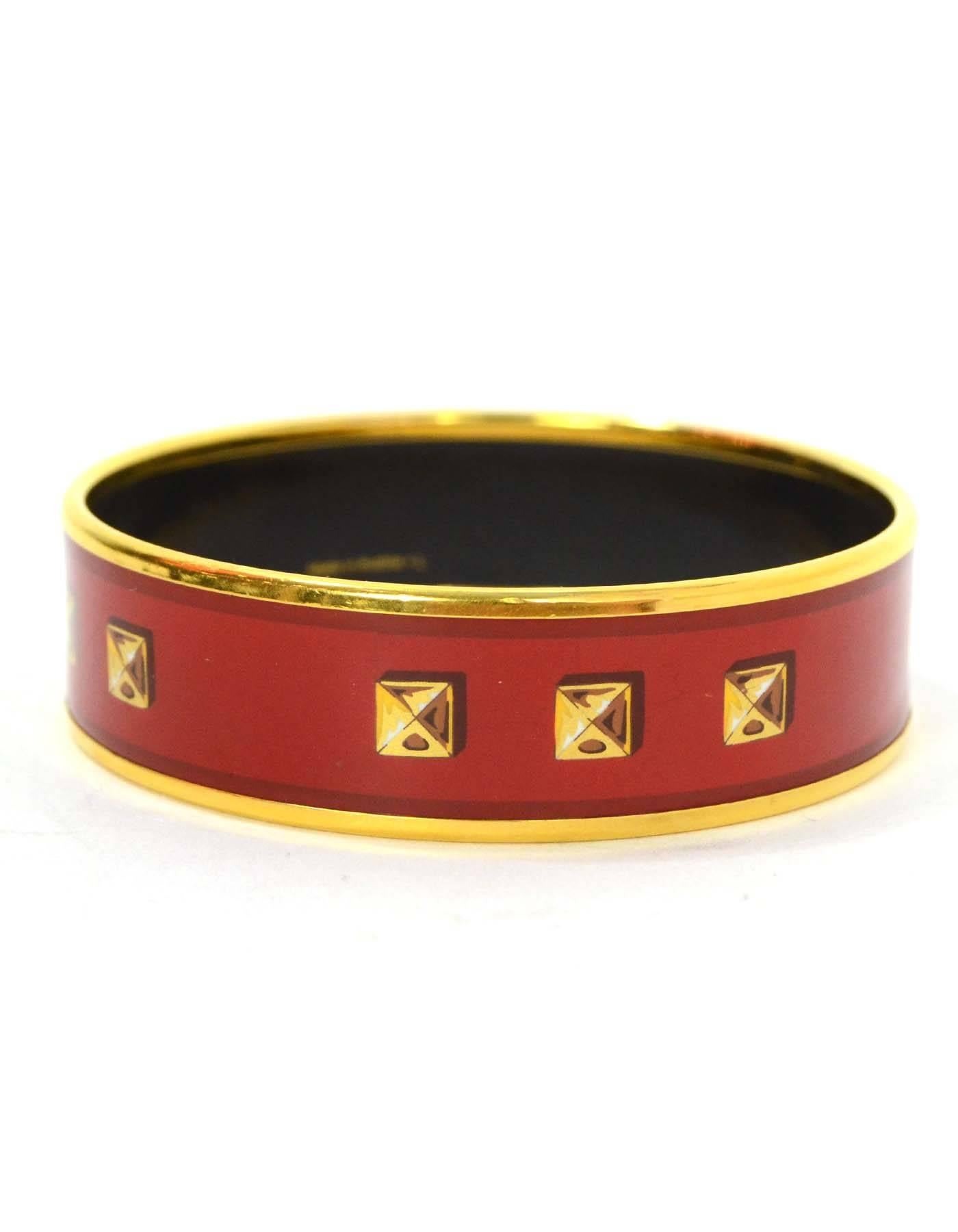 Hermes Red & Gold-Plated Enamel Bangle w/ Stud Design cz 65  1