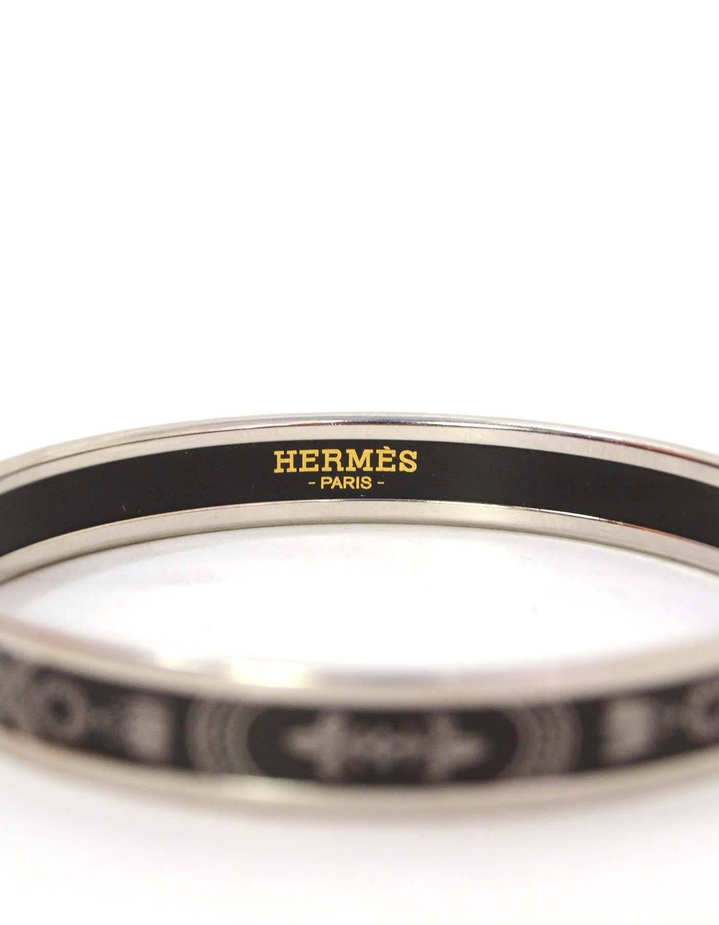 Hermes Black & Palladium Narrow Enamel Bangle Bracelet w/ Rope Design sz 65 In Excellent Condition In New York, NY
