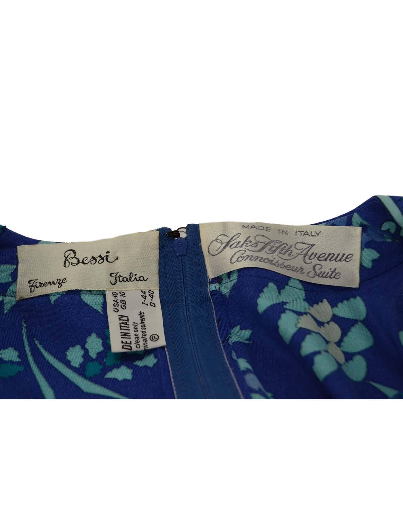 Women's Bessi Blue Floral Print Silk Long Sleeve Dress sz 10