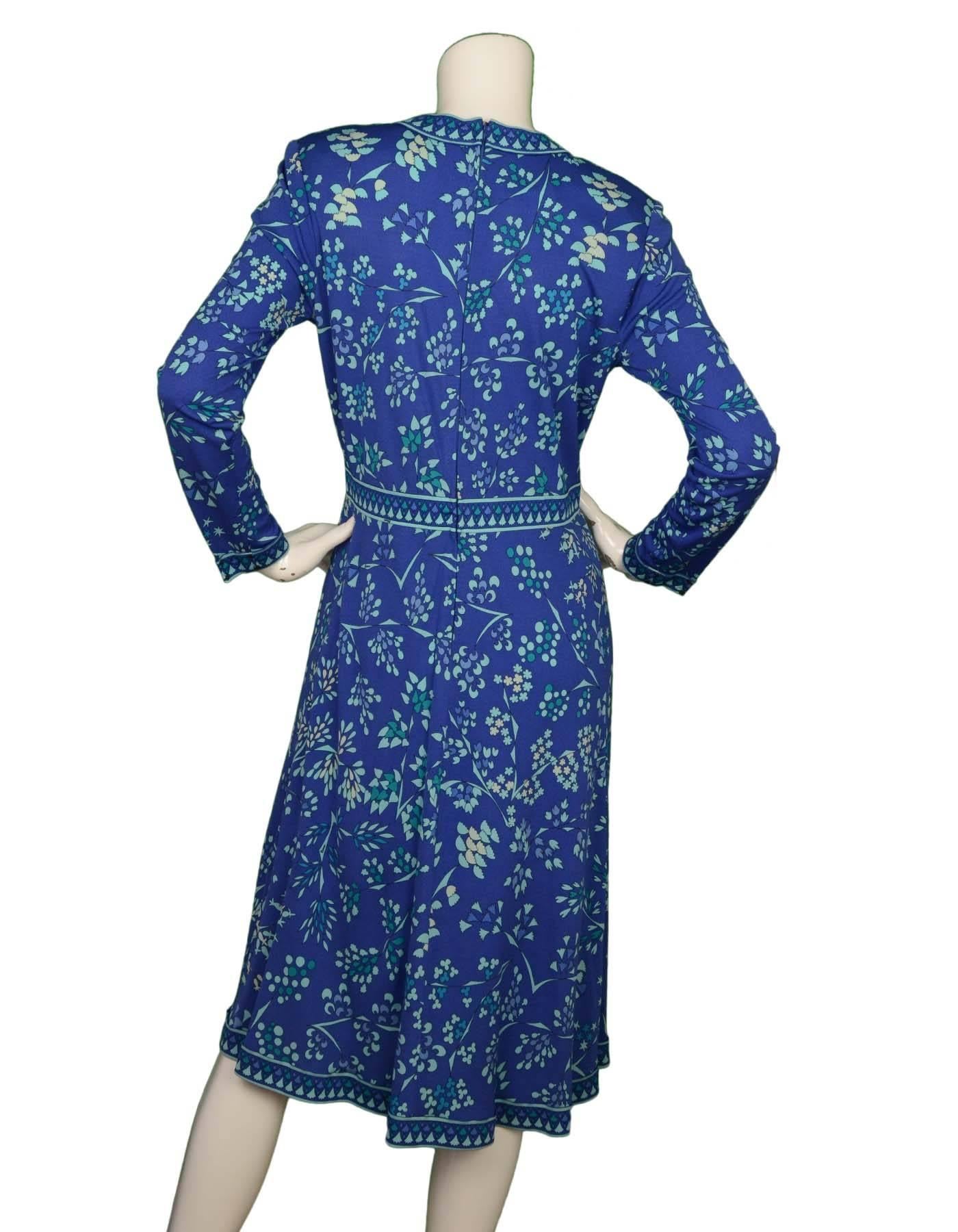 Bessi Blue Floral Print Silk Long Sleeve Dress sz 10 In Excellent Condition In New York, NY