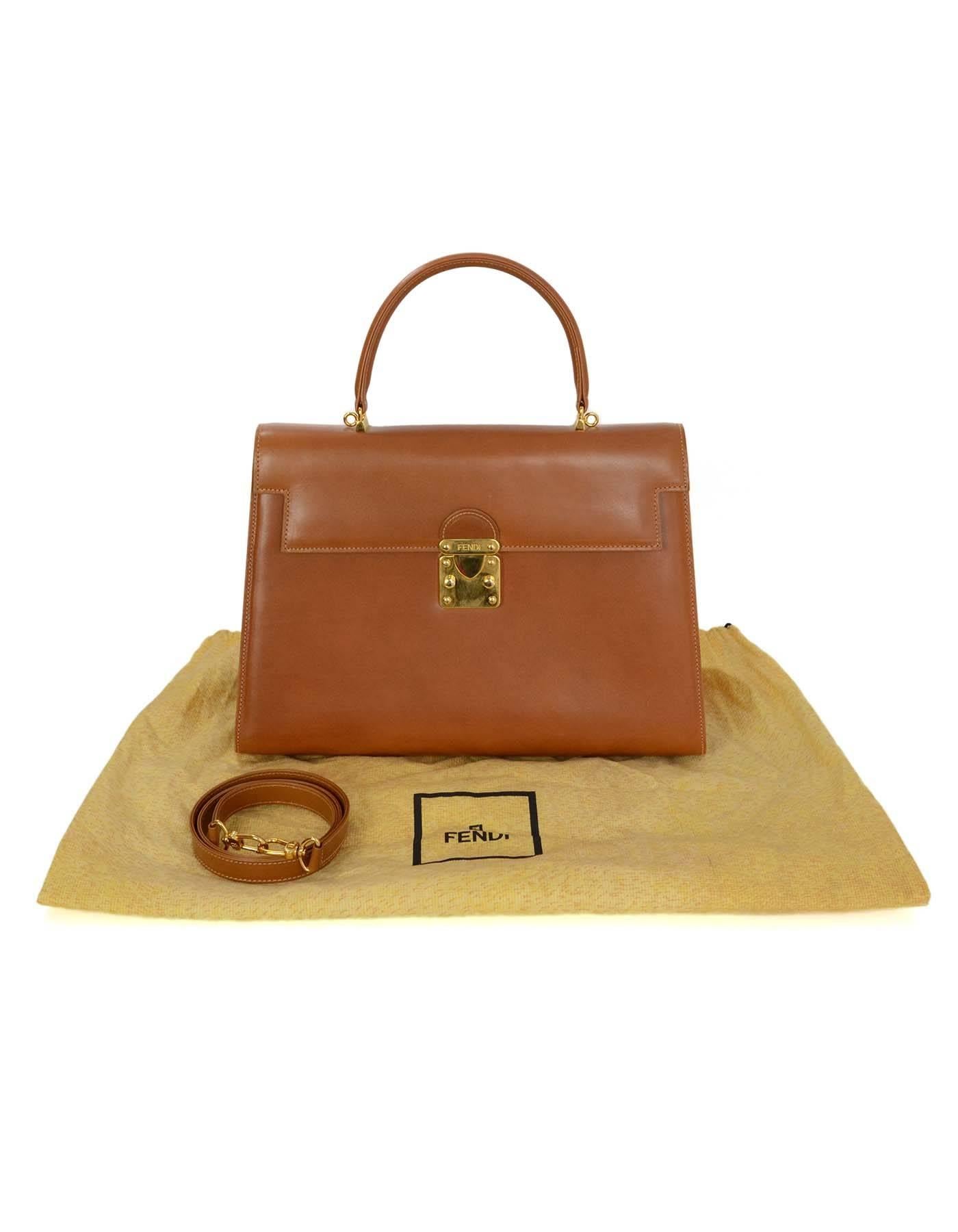 Fendi Vintage Tan Leather Kelly Style Handle Bag w/ Strap GHW 2