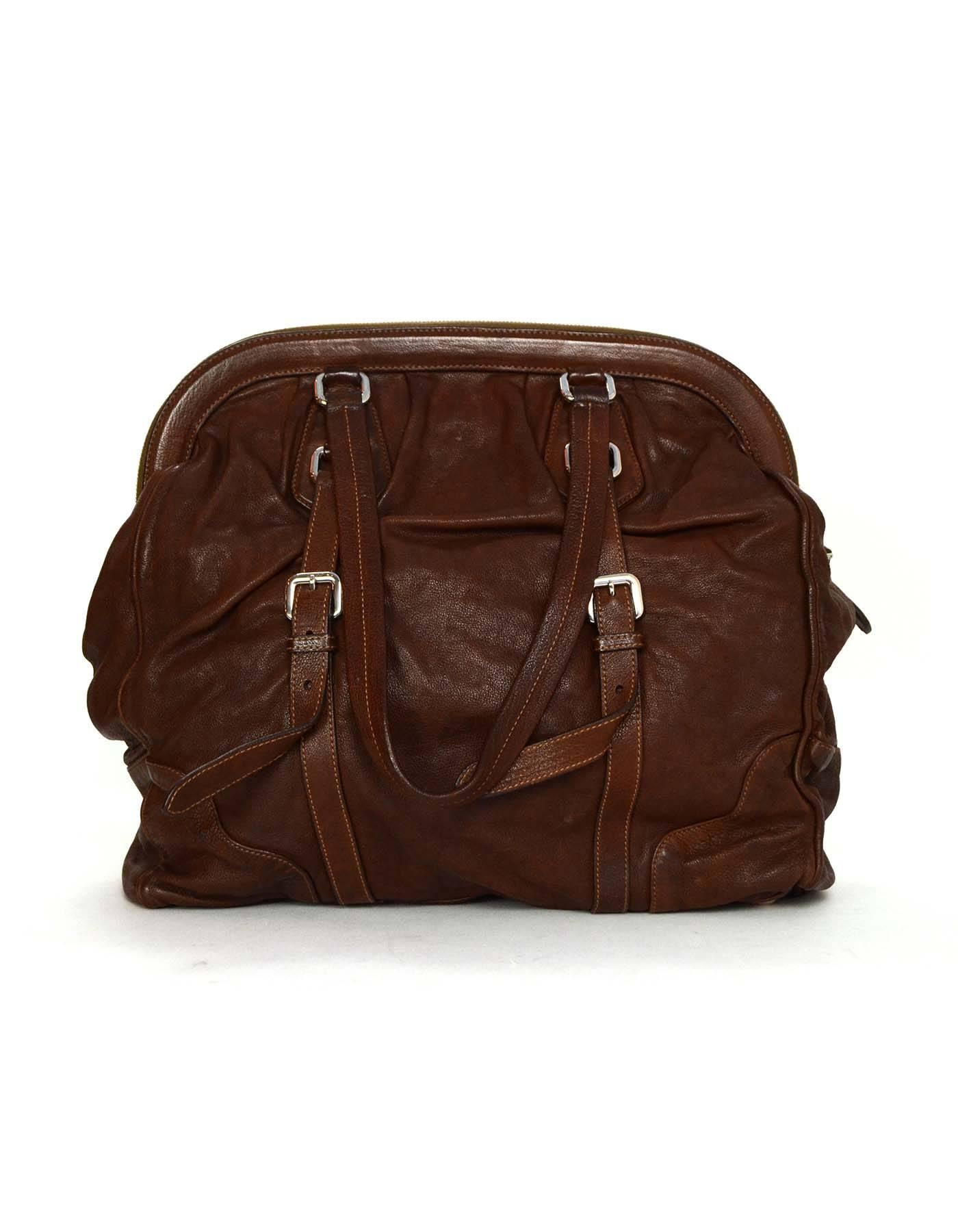 Prada Brown Leather XL Frame Shoulder Bag with SHW In Excellent Condition In New York, NY