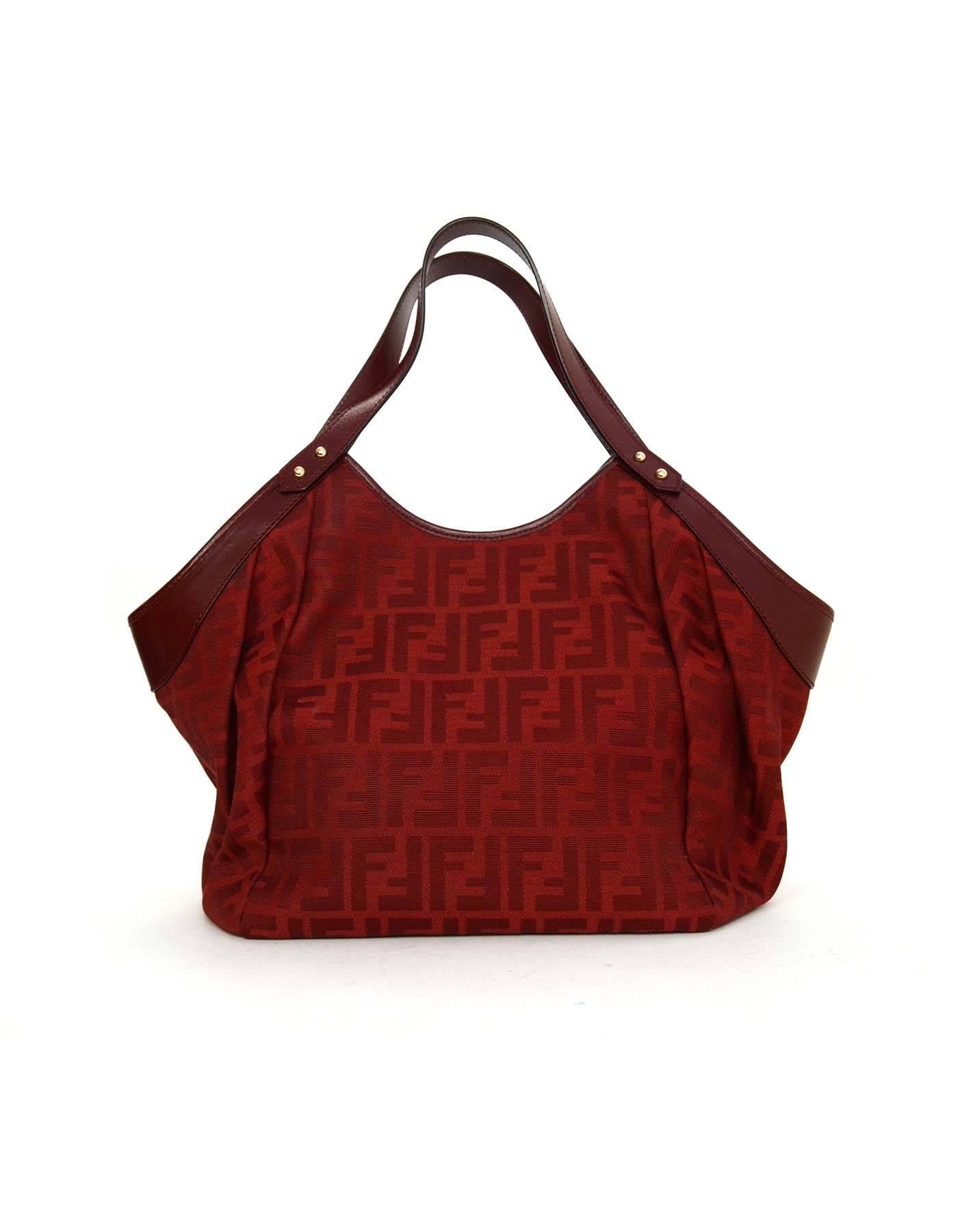 Fendi Red Leather & Zucca Print Canvas Bag GHW In Excellent Condition In New York, NY
