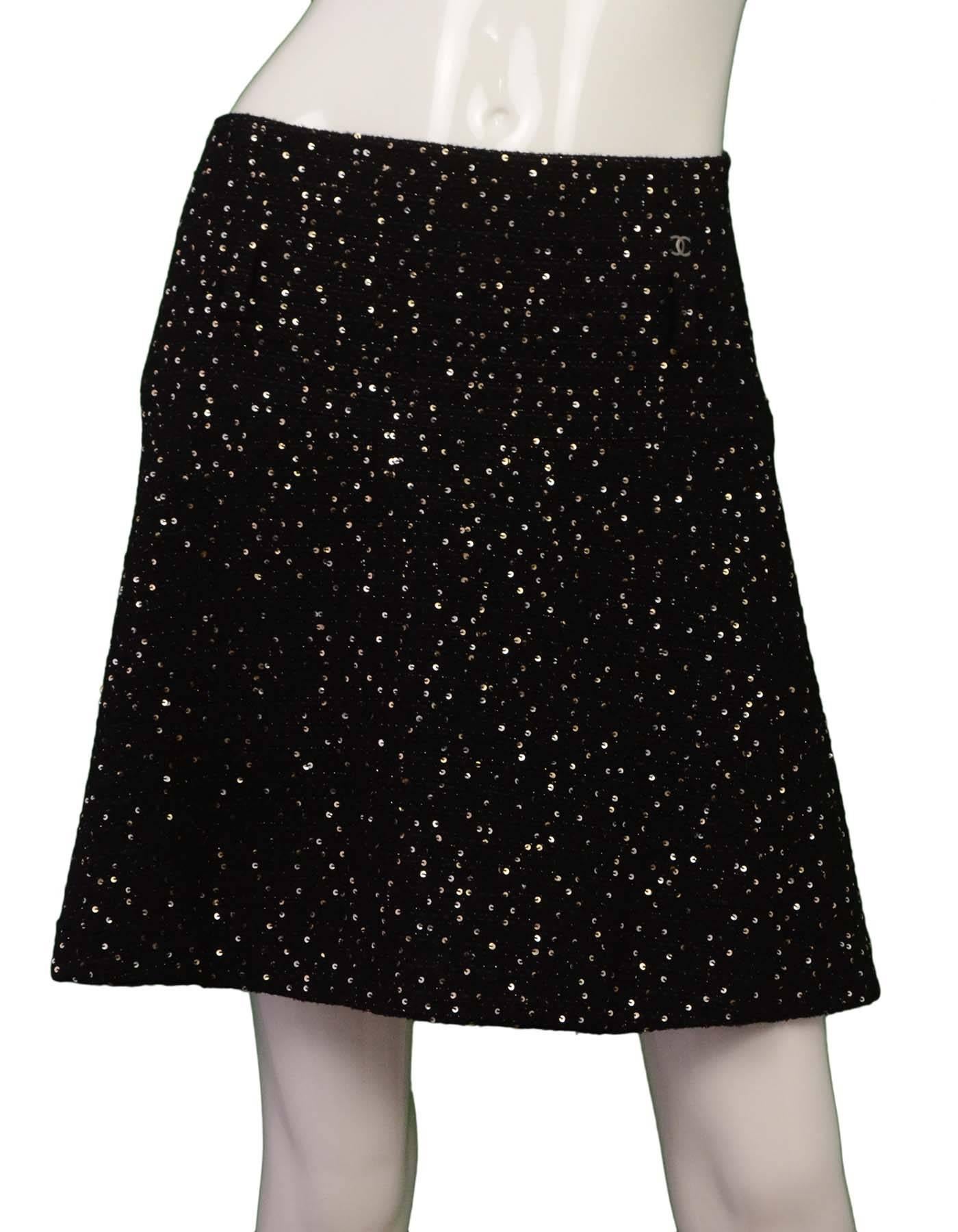 Chanel Black Tweed Sequin & Chain Fringe Skirt Suit sz 40 2
