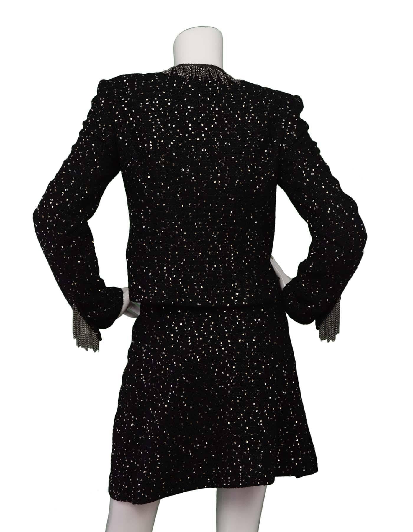 Chanel Black Tweed Sequin & Chain Fringe Skirt Suit sz 40 1