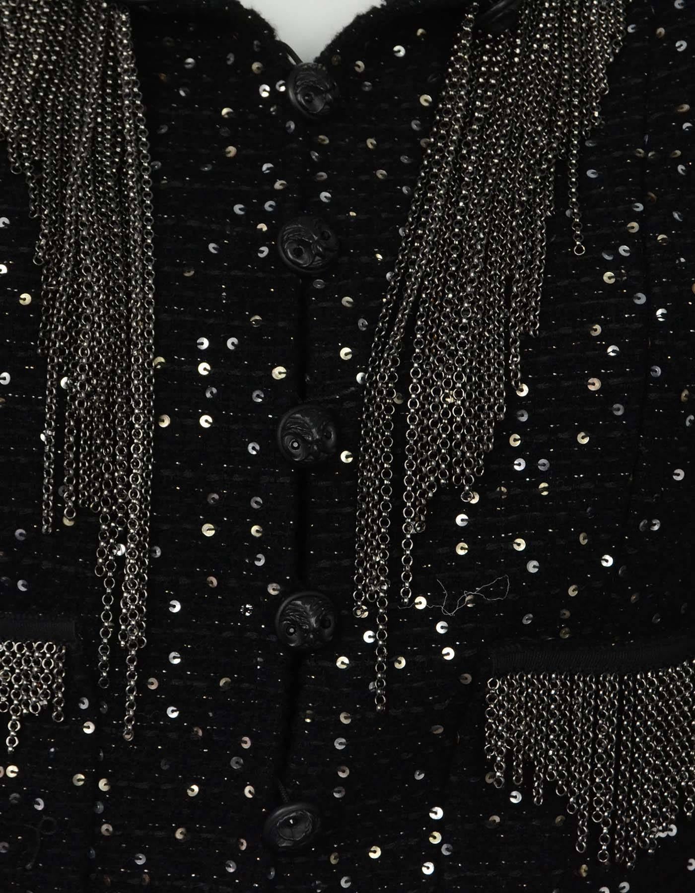 Chanel Black Tweed Sequin & Chain Fringe Skirt Suit sz 40 4