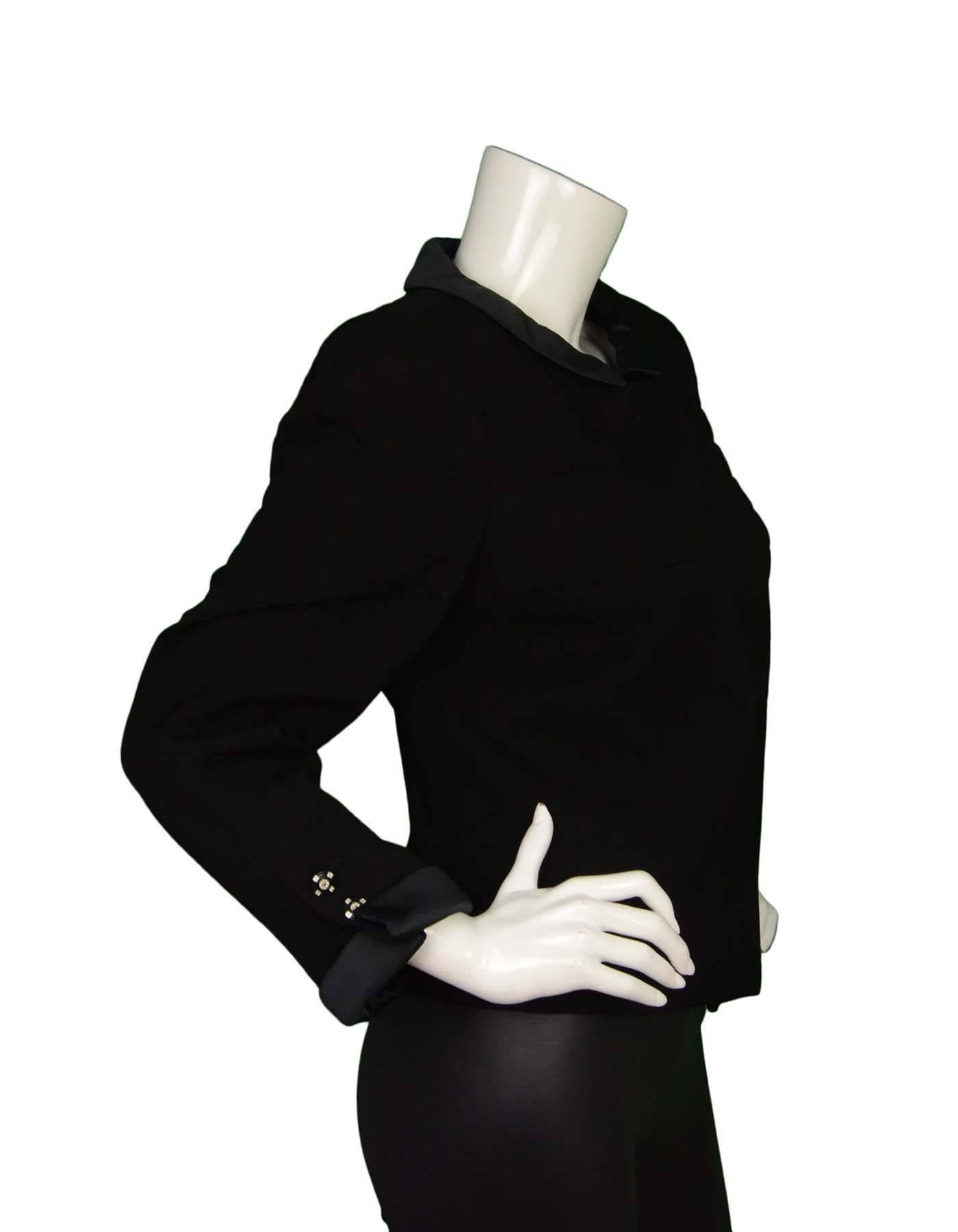 Chanel Black Wool Jacket with Sateen Trim Sz 44 In Excellent Condition In New York, NY