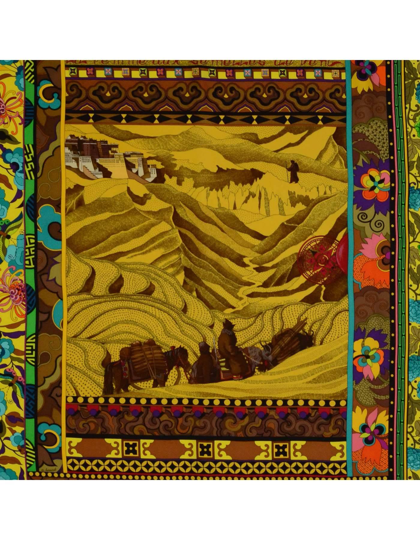 Hermes Multicolor 'La Femme aux Semelles de Vent' Silk 90cm Scarf
Features center picture of travelers surrounded by multiple abstract borders

-Made in: France
-Color: Multi-colored.
-Composition: 100% Silk
-Includes: Hermes box
-Overall