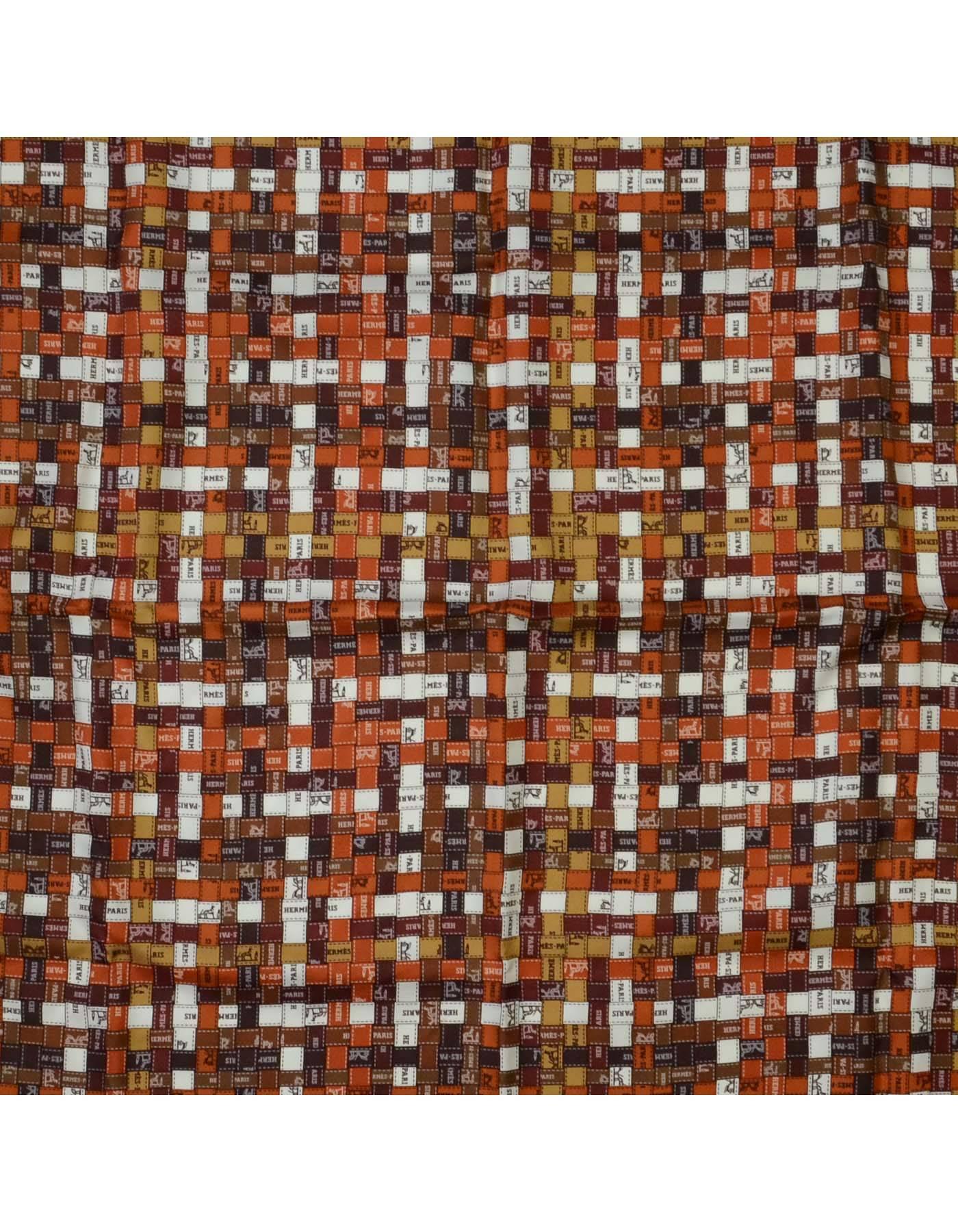 Hermes Brown 'Bolduc au Carre' Silk 90cm Scarf
Print features brown, rust and white woven Hermes ribbon.

    Made in: France
    Color: Brown, rust, beige and white
    Composition: 100% Silk
    Includes: Hermes box
    Overall Condition: