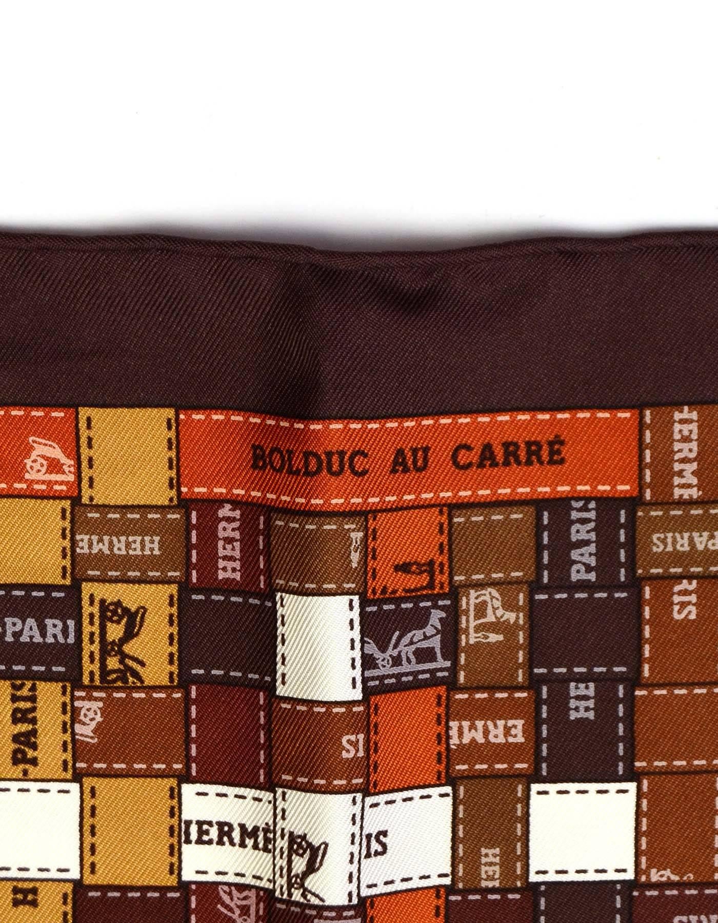 Hermes Brown Ribbon Print 'Bolduc au Carre' Silk 90cm Scarf In Excellent Condition In New York, NY