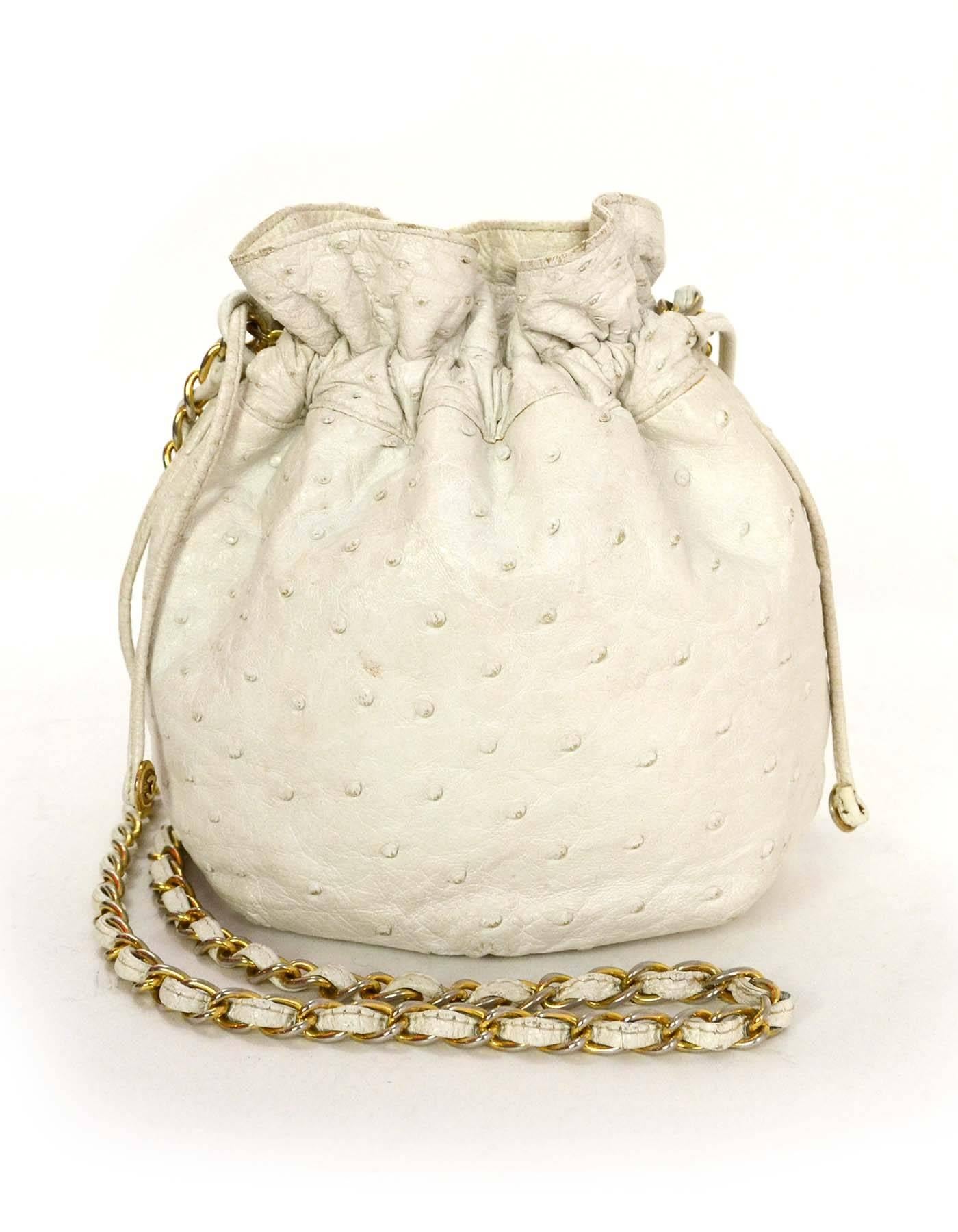 Women's Chanel White Vintage Ostrich Drawstring Crossbody Bag GHW