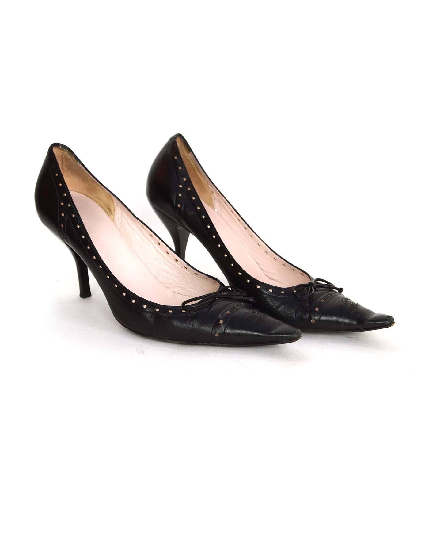 Women's Chanel Perforated Black Pointed Toe Pumps Sz 38.5