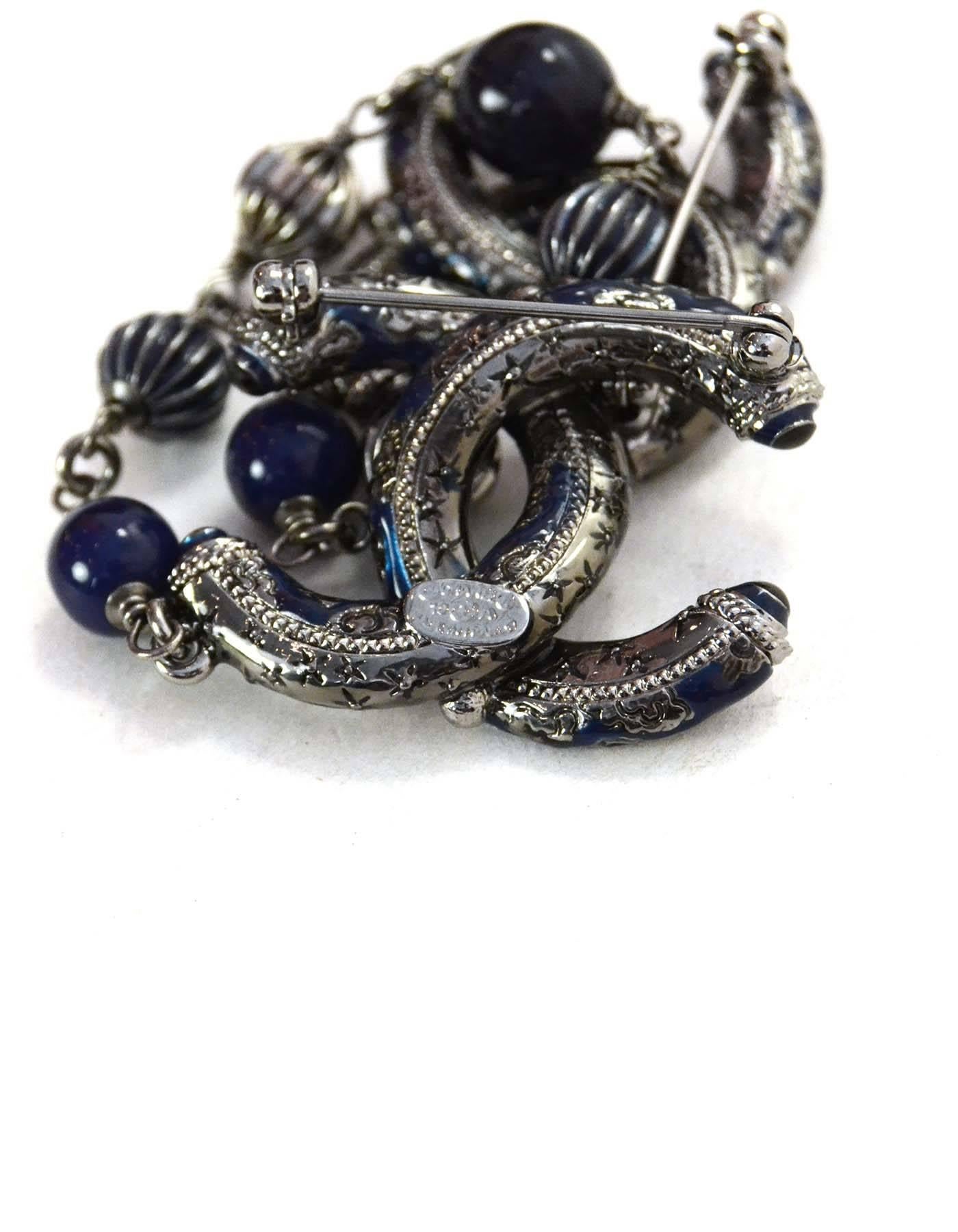 Chanel Gunmetal and Blue Double CC Chain Brooch In Excellent Condition In New York, NY