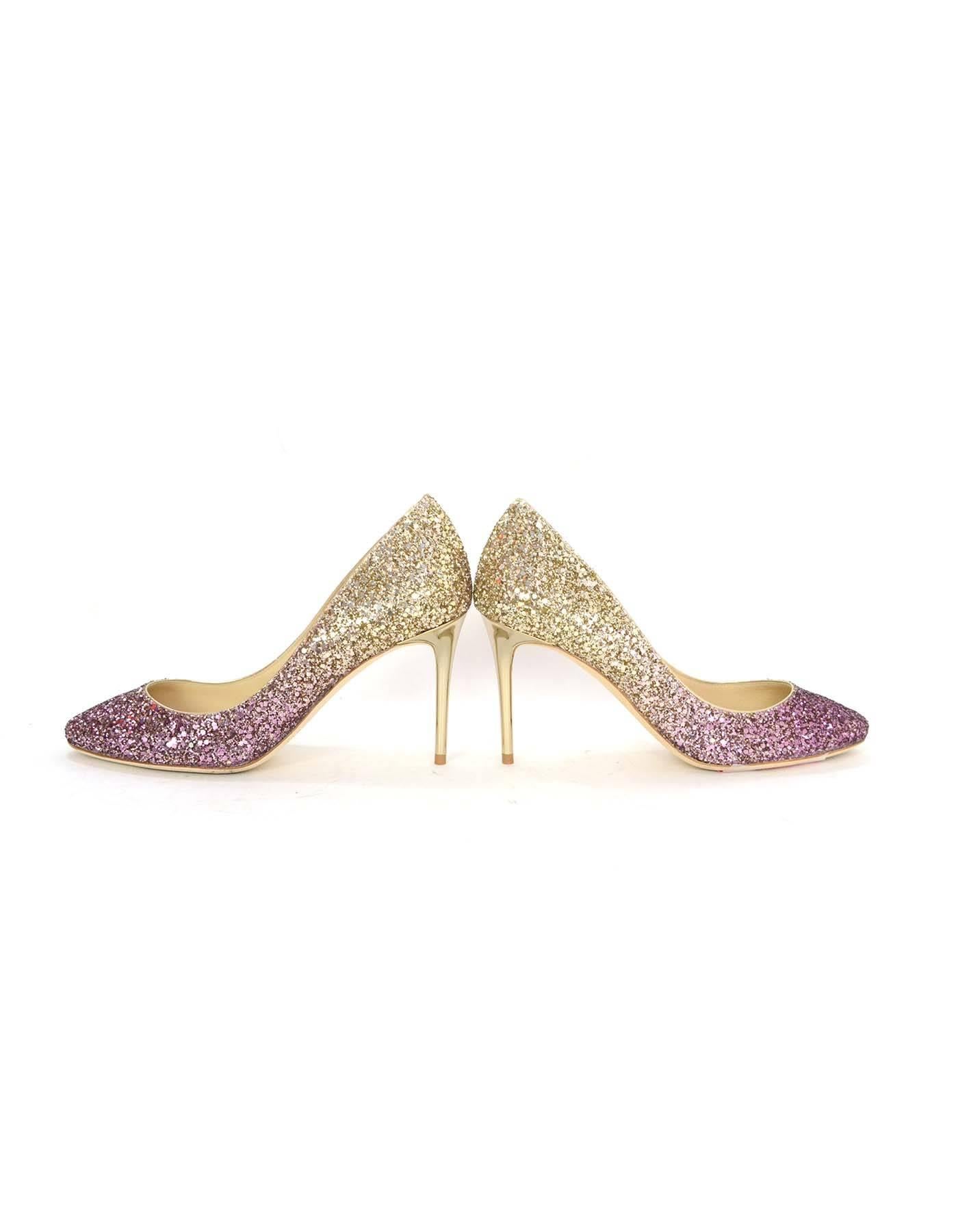 Jimmy Choo Esme Gold and Pink Ombre Glitter Pumps Sz 36 In Excellent Condition In New York, NY