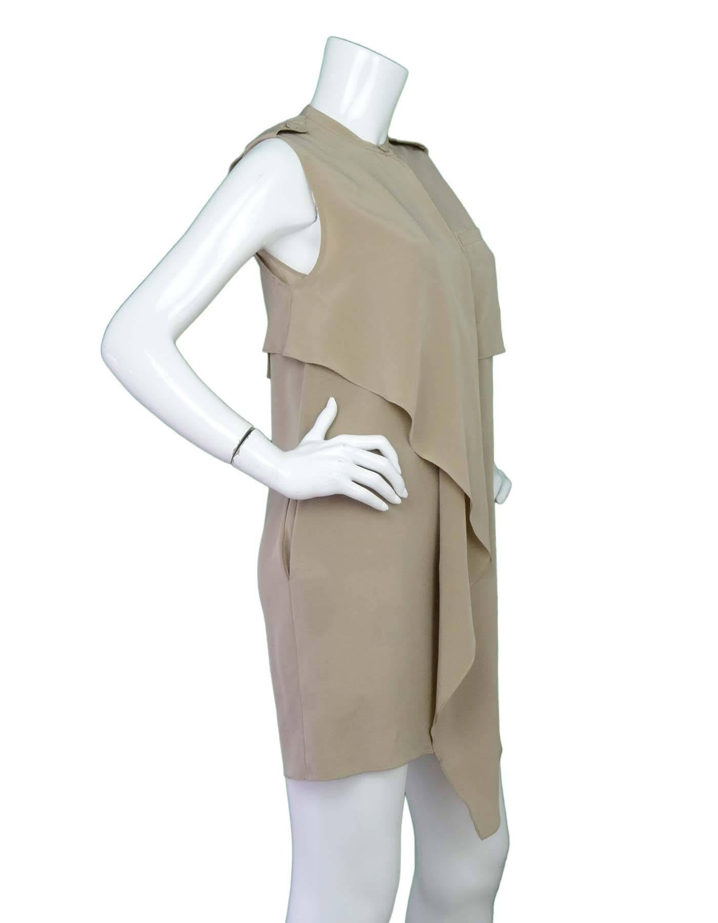 3.1 Phillip Lim Taupe Silk Shirt Dress Sz 0
Features draping at front

Made In: China
Color: Taupe
Composition: 100% Silk
Lining: None
Closure/Opening: Button closure at front
Overall Condition: Very good pre-owned condition with the