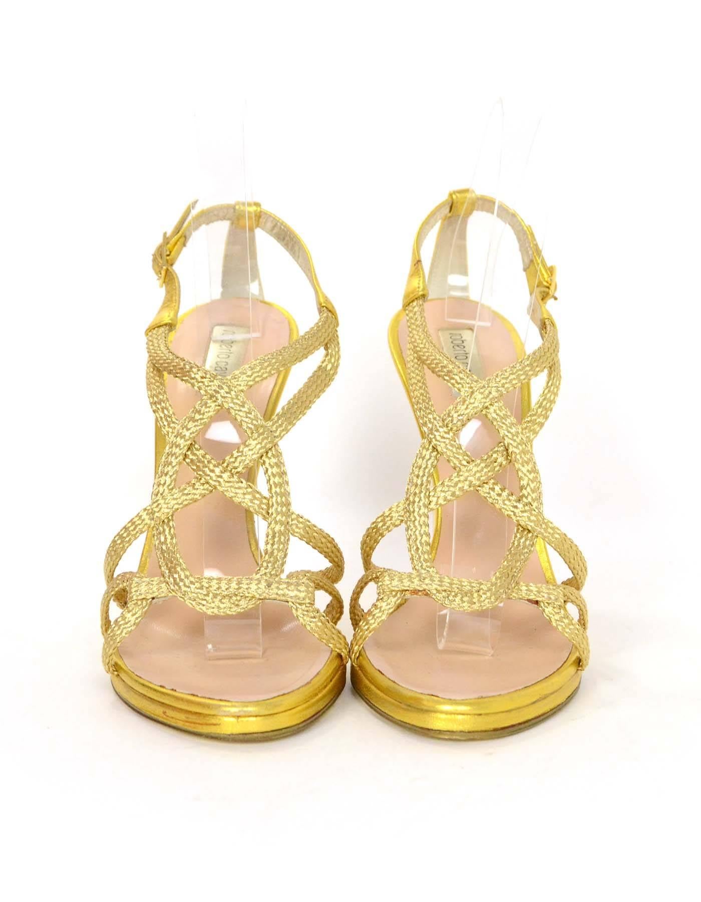 Roberto Cavalli Gold Sandals Sz 39.5 with Dust Bag and Box In Excellent Condition In New York, NY