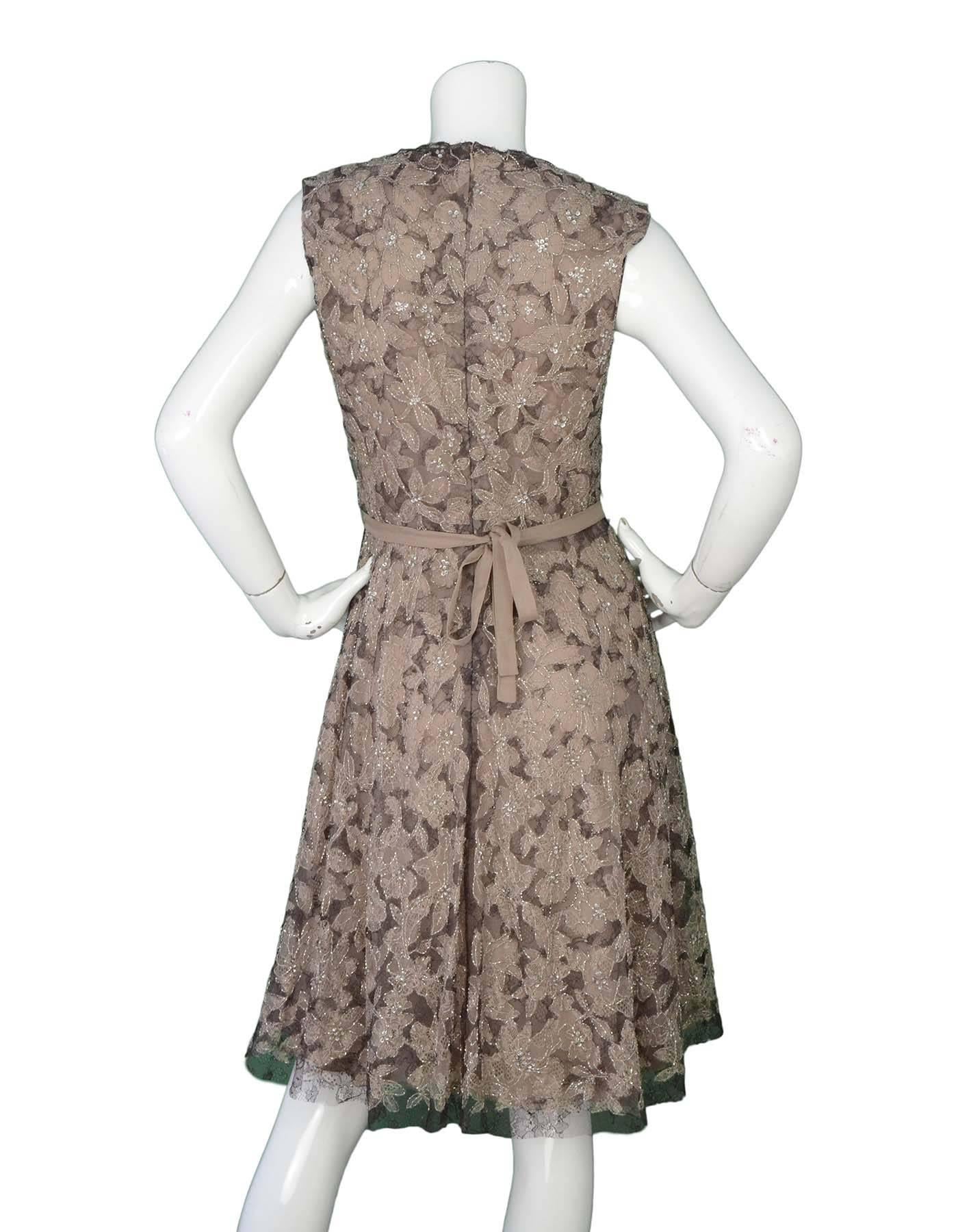 Valentino Beige Floral Lace and Beaded Sleeveless Dress sz Small In Excellent Condition In New York, NY