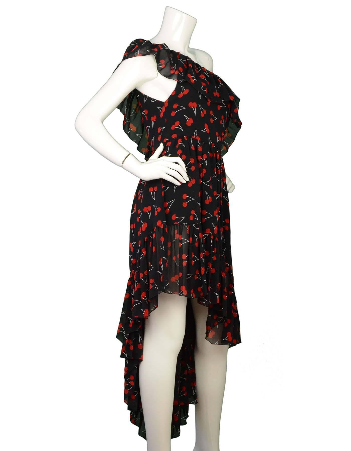 Saint Laurent Black and Red Silk Cherry Print Dress Sz 40
Features ruffle trim and high low hem and one shoulder design

Made In: France
Color: Black and red
Composition: 100% Silk
Lining: Black silk
Closure/Opening: Hidden side zip