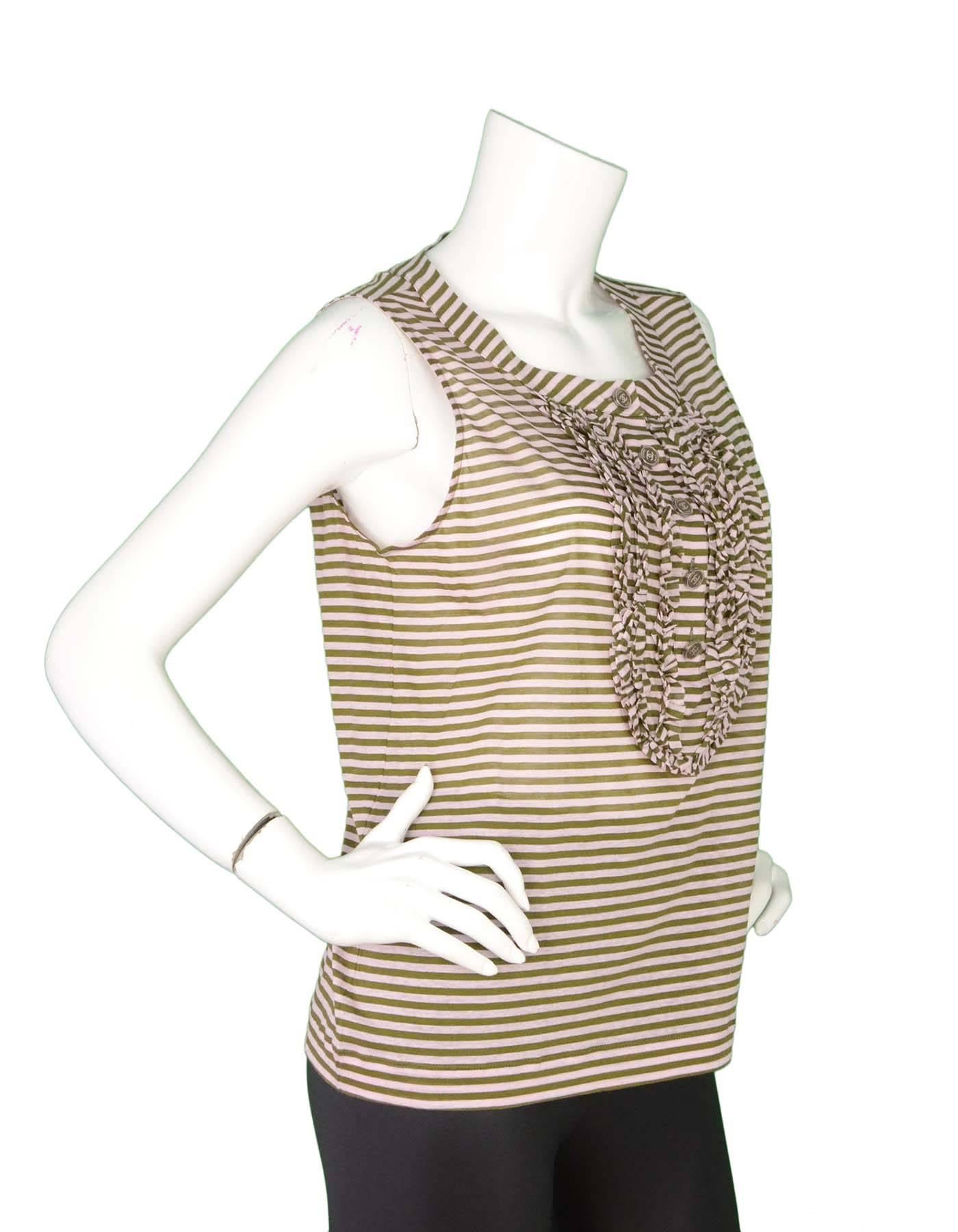Chanel Pink and Green Striped Top Sz 48
Features ruffle detail at bust

Made In: France
Year Of Production: 2009 Spring
Color: Pink and green
Composition: 100% Cotton
Lining: None
Retail Price: $1,380 + tax
Closure/Opening: Front button