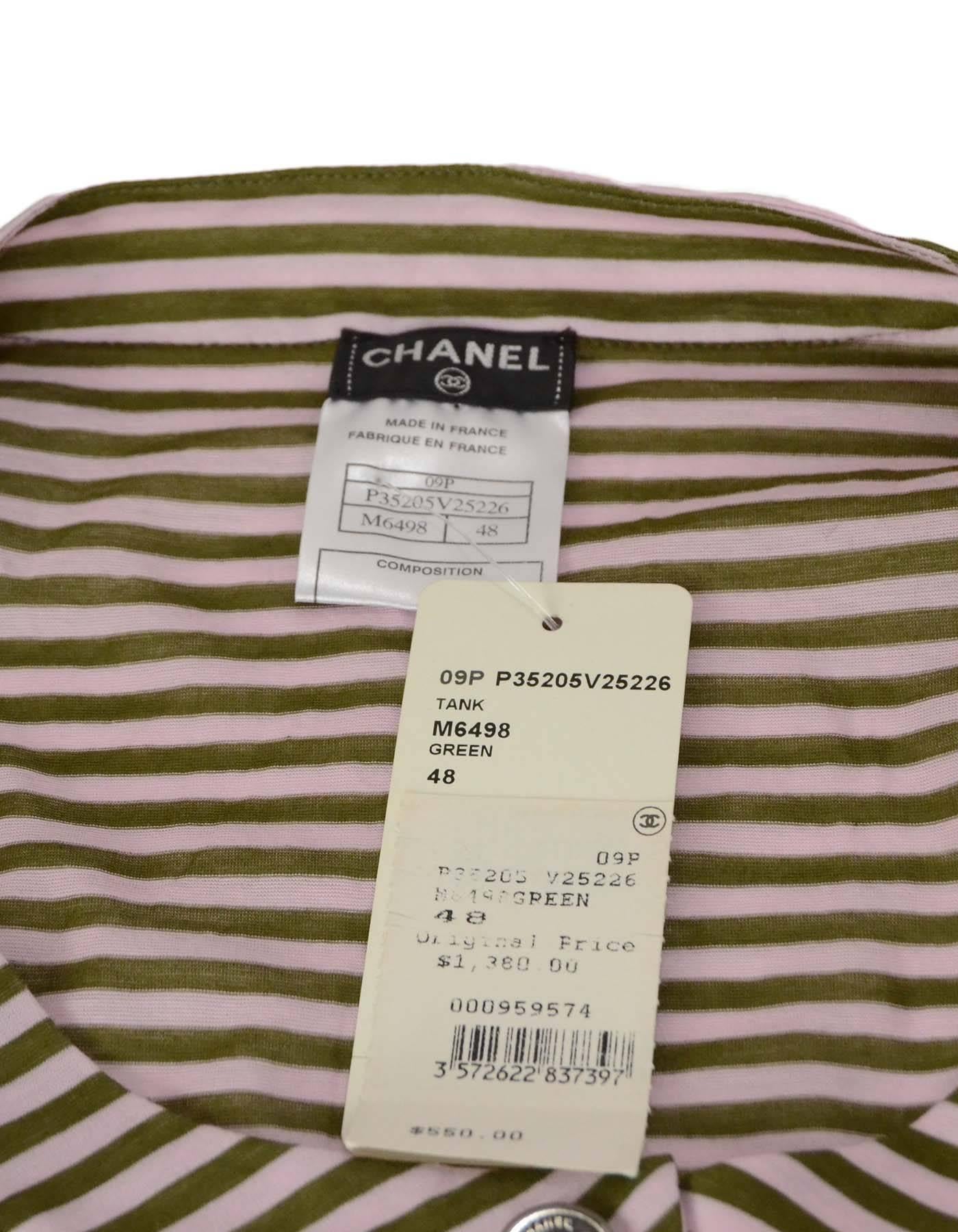 Chanel Pink and Green Sleeveless Striped Top with Ruffles sz 48 rt. $1, 380 In Excellent Condition In New York, NY