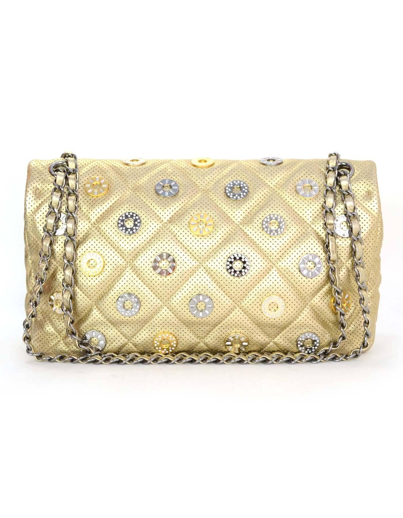 Chanel Gold Quilted CC Medals Jumbo Perforated Lambskin Jumbo Flap Bag rt.$5, 800 In Excellent Condition In New York, NY