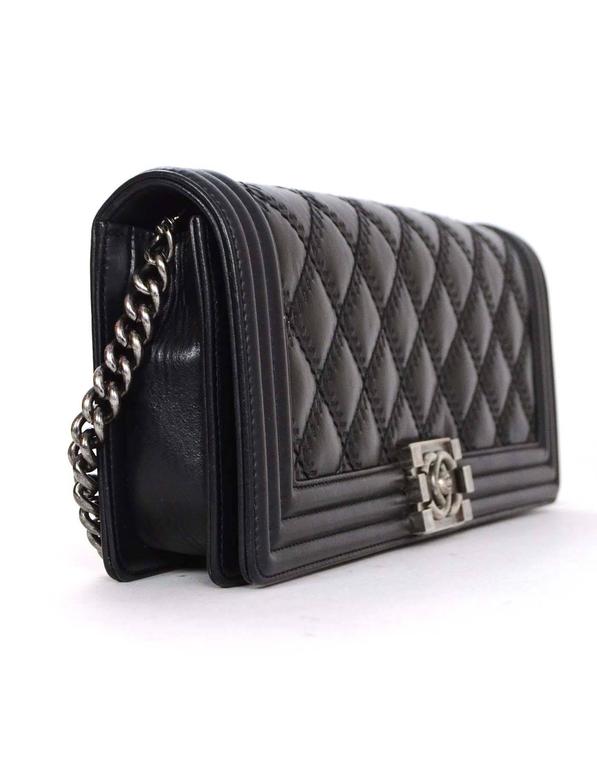 Chanel Black Leather Quilted Long Boy Clutch Bag with Optional Shoulder Strap For Sale at 1stdibs