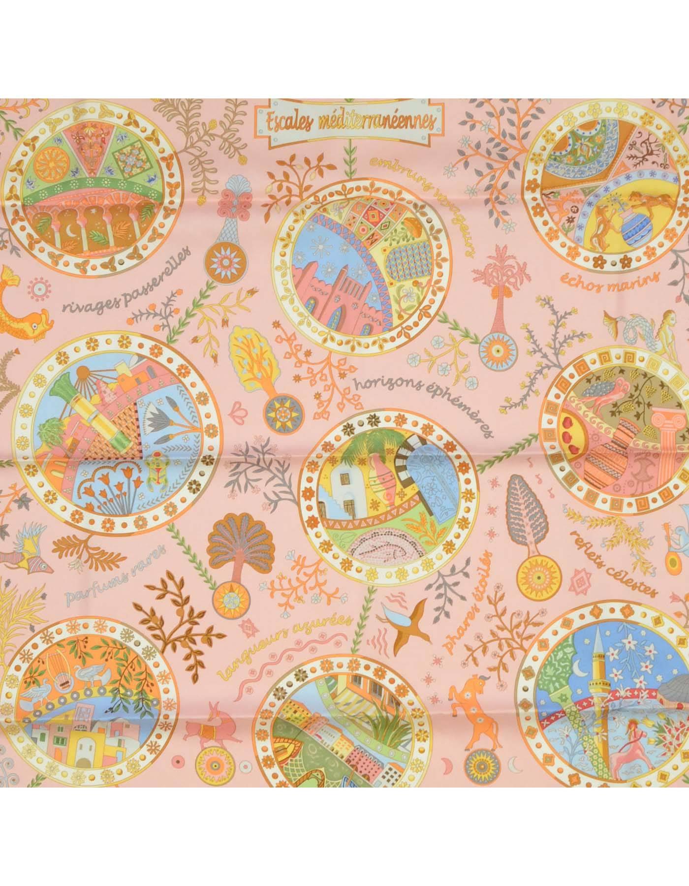 Hermes Pink Silk Escales Mediterraneennes 90cm Scarf
Features circular pattern throughout with fish motif around border

Made in: France
Color: Pink
Composition: 100% Silk
Overall Condition: Excellent pre-owned