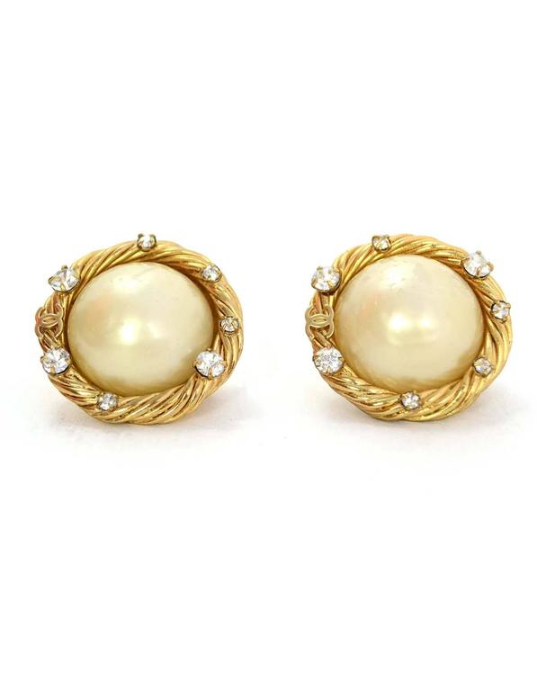 Chanel Goldtone, Faux Pearl and Crystal Clip On Earrings For Sale at