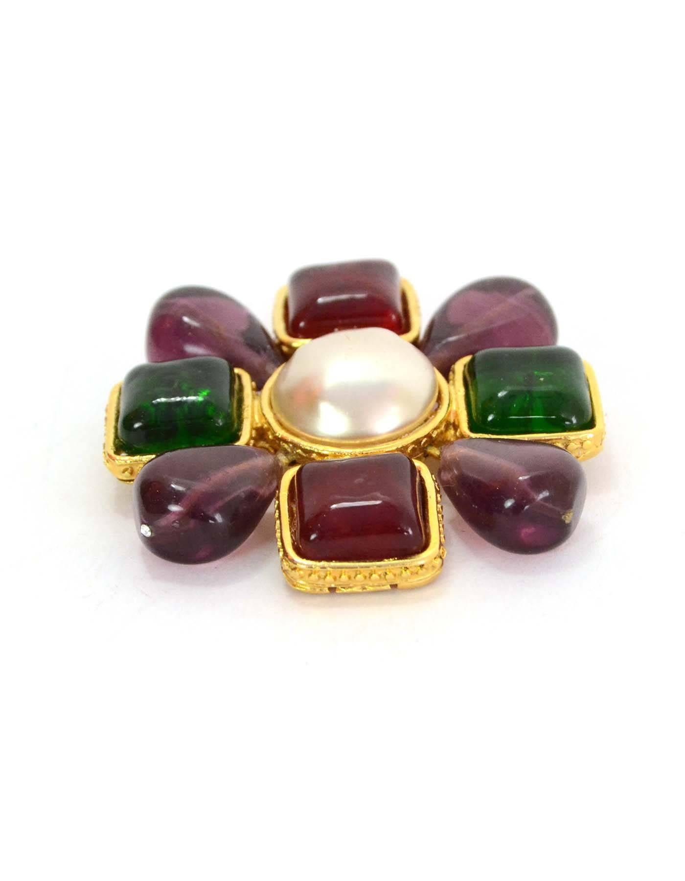 Chanel Purple and Green Gripoix Brooch w/ Center Faux Pearl In Good Condition In New York, NY