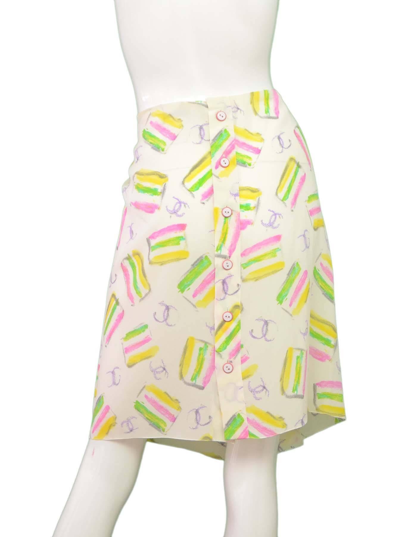 Beige Chanel Ivory & Pastel Silk CC Stripe Print Skirt sz 42