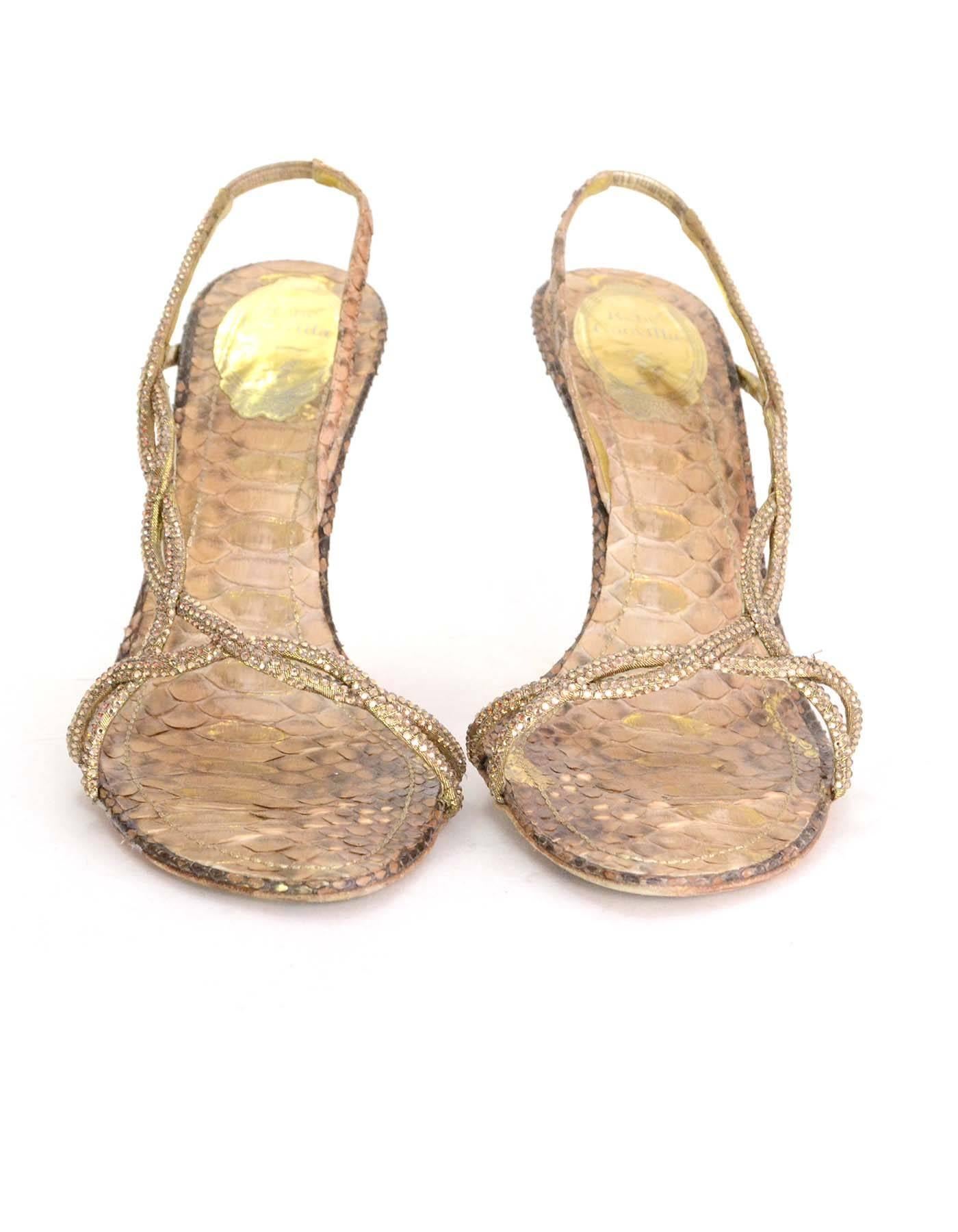 Beige Rene Caovilla Pave Crystal and Snakeskin Sandals Sz 39