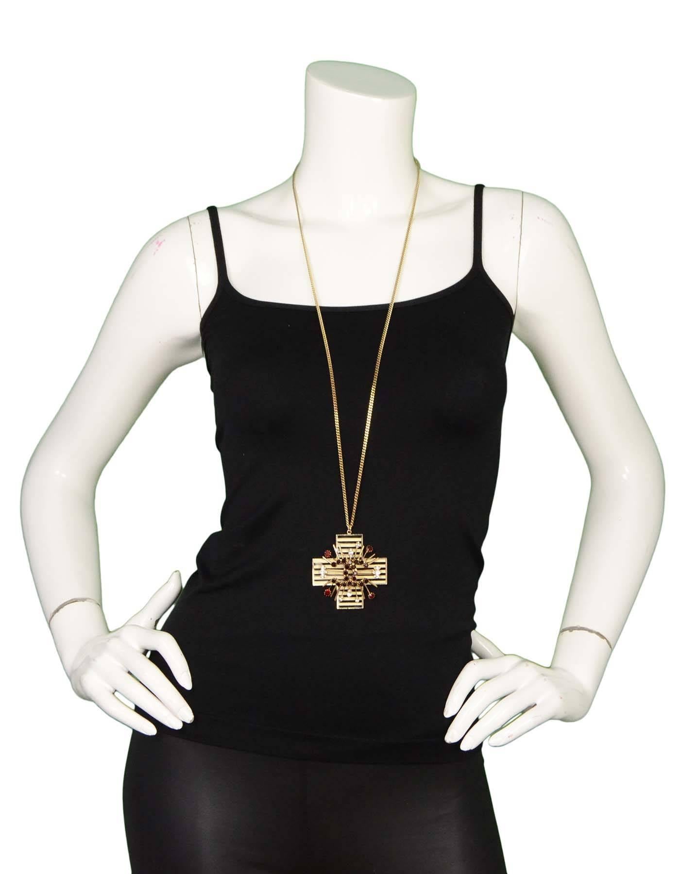 Women's Chanel Goldtone Striped Cross Necklace with Red CC Crystal