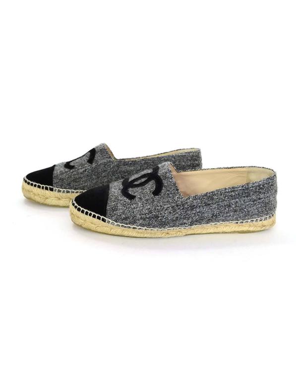CHANEL Suede Cap Toe CC Wedge Espadrilles 37 Grey Black 455384