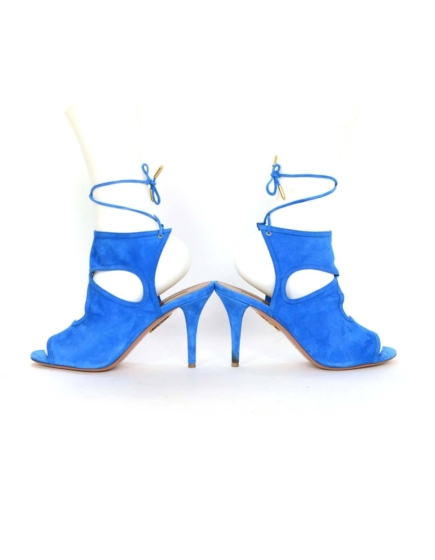 Aquazzura Blue Suede Sexy Thing 105 Cut-Out Sandals sz 38.5 rt. $565 In Excellent Condition In New York, NY