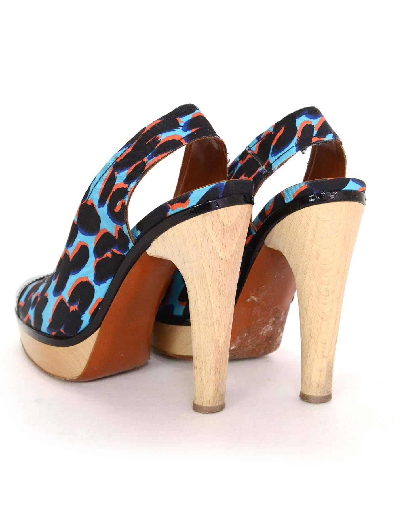 Women's Lanvin Blue Leopard Print Slingback Clog Pumps sz 38