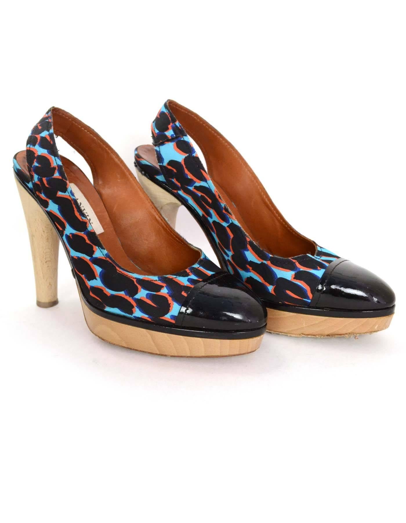 Lanvin Blue Leopard Print Slingback Clog Pumps sz 38 In Good Condition In New York, NY