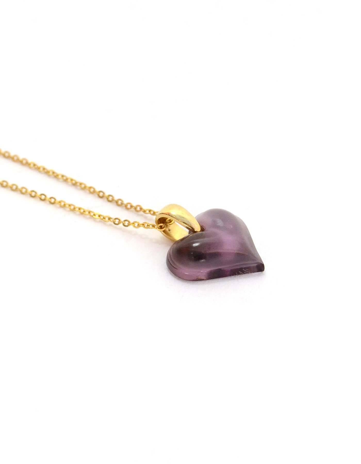 Lalique Purple Resin Heart Pendant Necklace 
Color: Goldtone and purple
Materials: Metal and resin
Closure: Jump ring closure
Stamp: Lalique
Overall Conditon: Excellent pre-owned condition
Measurements: 
Diameter: 8.75
