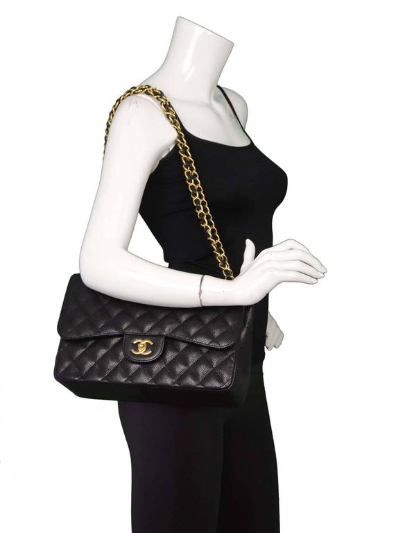 Chanel 2015 Black Quilted Caviar Leather Double Flap Classic Jumbo