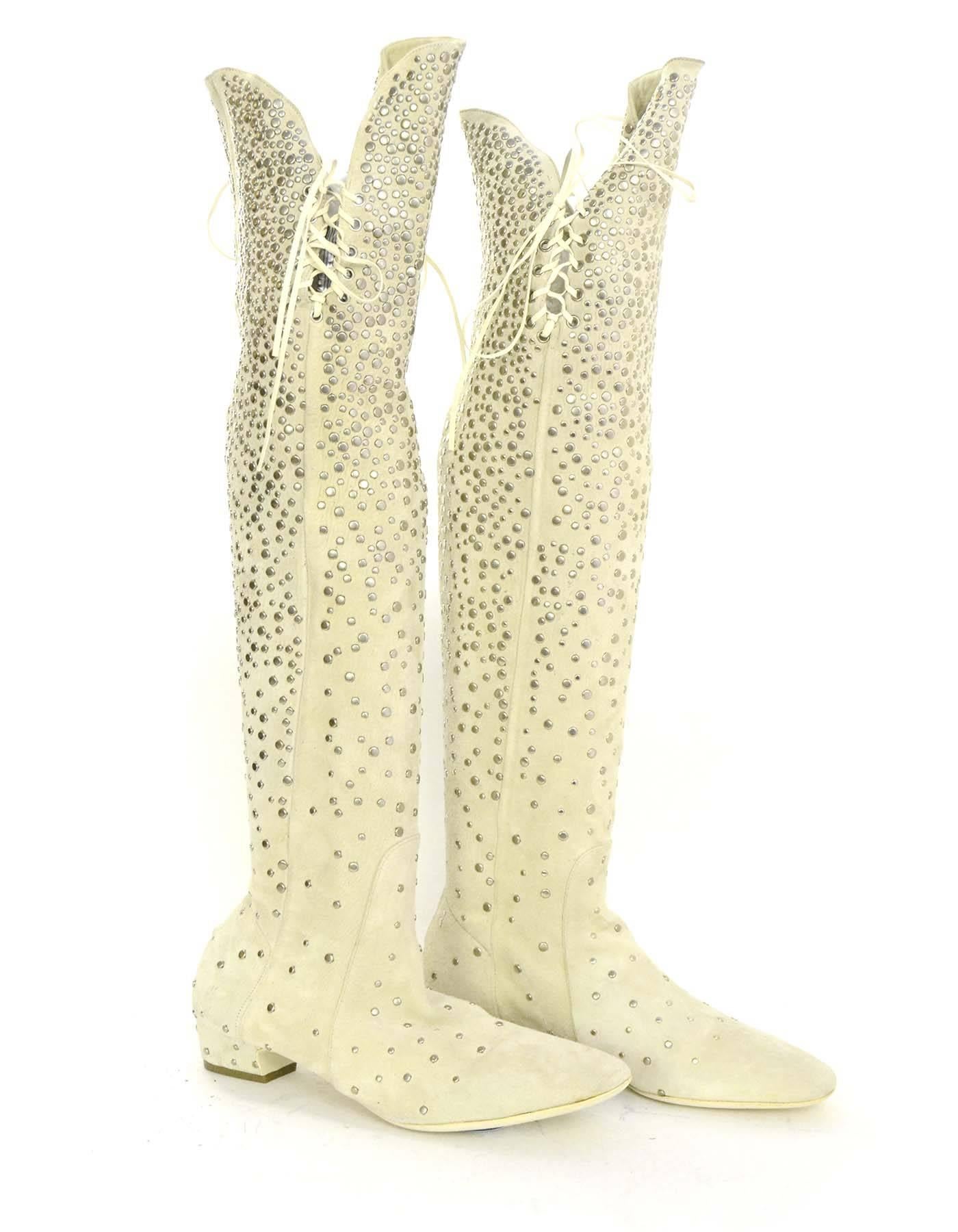 Salvatore Ferragamo Cream Suede Studded Boots Sz 37 In Excellent Condition In New York, NY