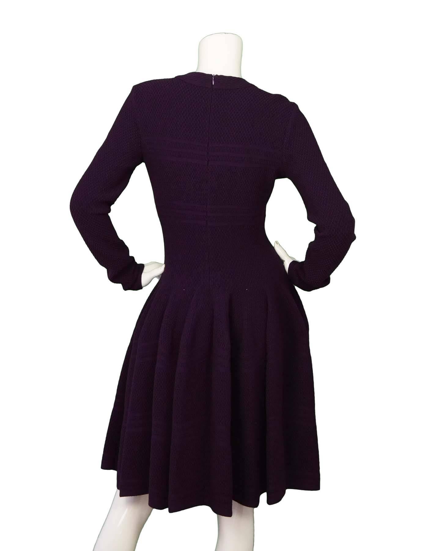 Black Alaia Plum Longsleeve Fit & Flare Dress Sz 40