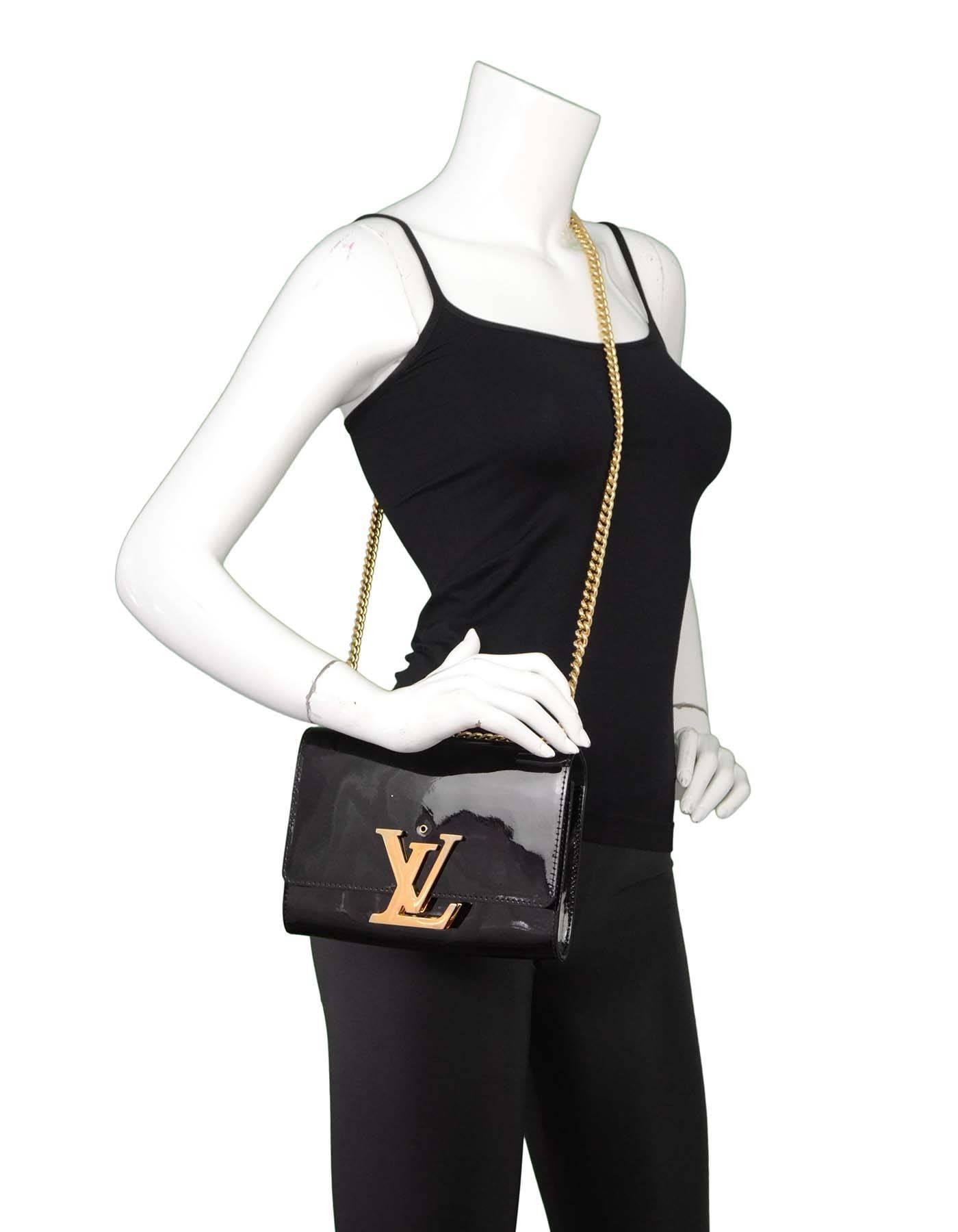 Louis Vuitton Black Patent Leather Sliding Chain Louis Bag with GHW 

Made In: France
Year of Production: 2015
Color: Black
Hardware: Goldtone
Materials: Patent leather
Lining: Black textile
Closure/Opening: Flap top with LV