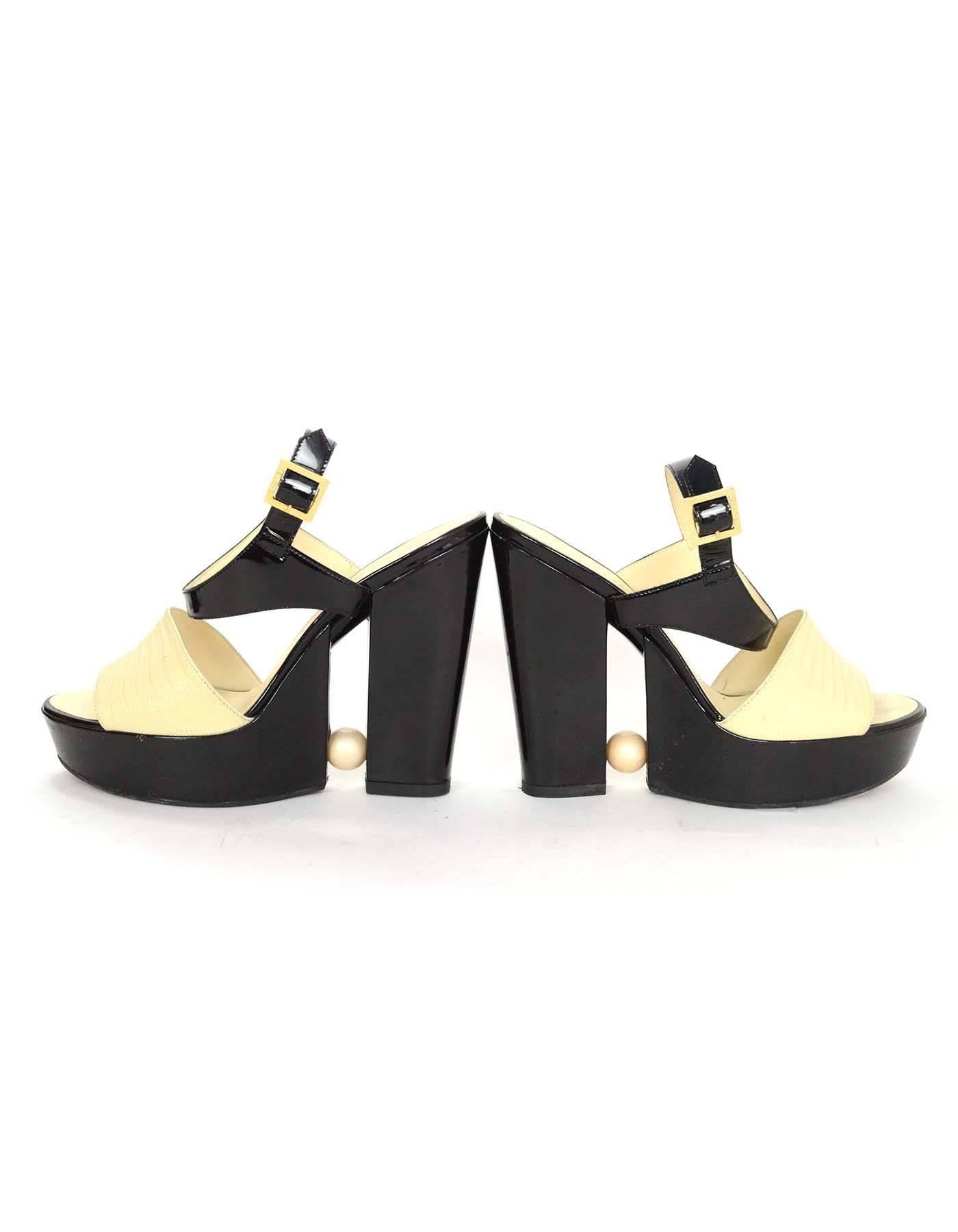 Women's Chanel Black and Cream Platform Pearl Heeled Sandals Sz 39.5