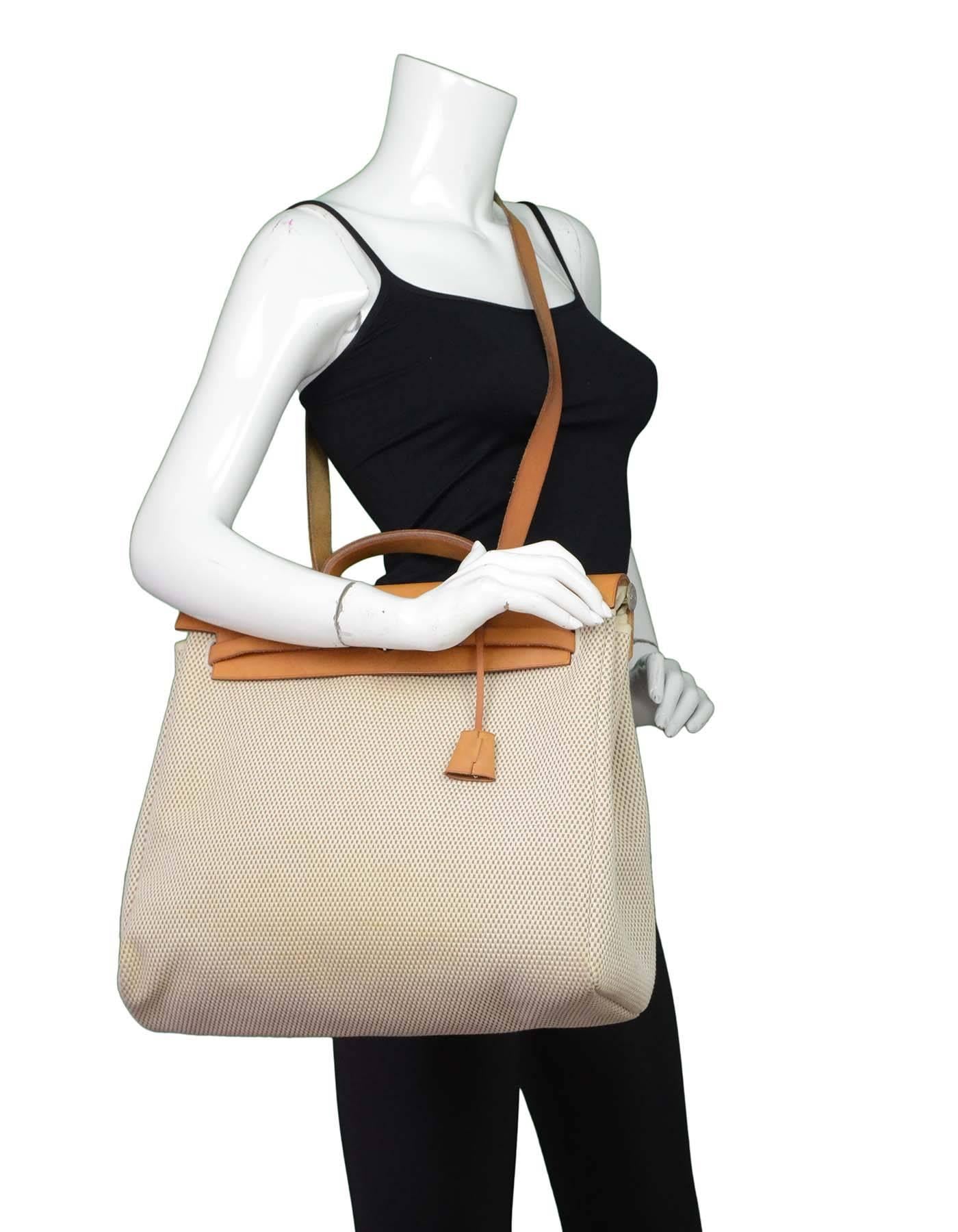Hermes Tan and Beige Toile Two-in-One Herbag with Dusbag 5