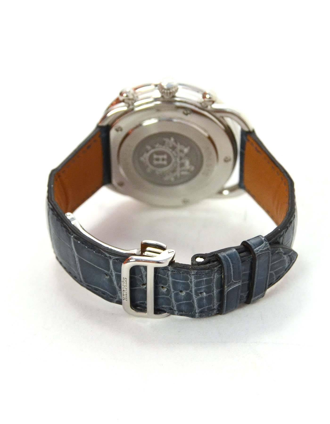 Hermes Men's Arceau Stainless Steel and Blue Alligator Watch In Excellent Condition In New York, NY