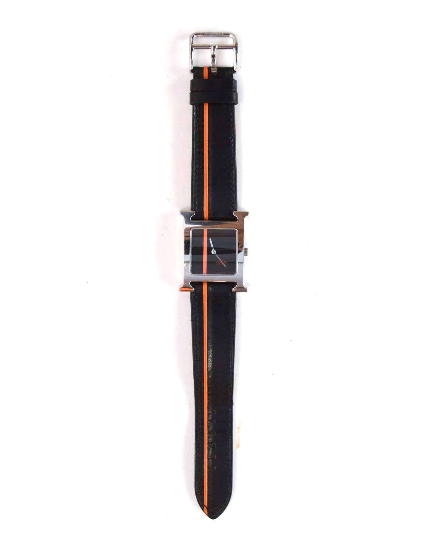 Hermes Black and Orange Stripe H Heure Hour MM Watch In Excellent Condition In New York, NY