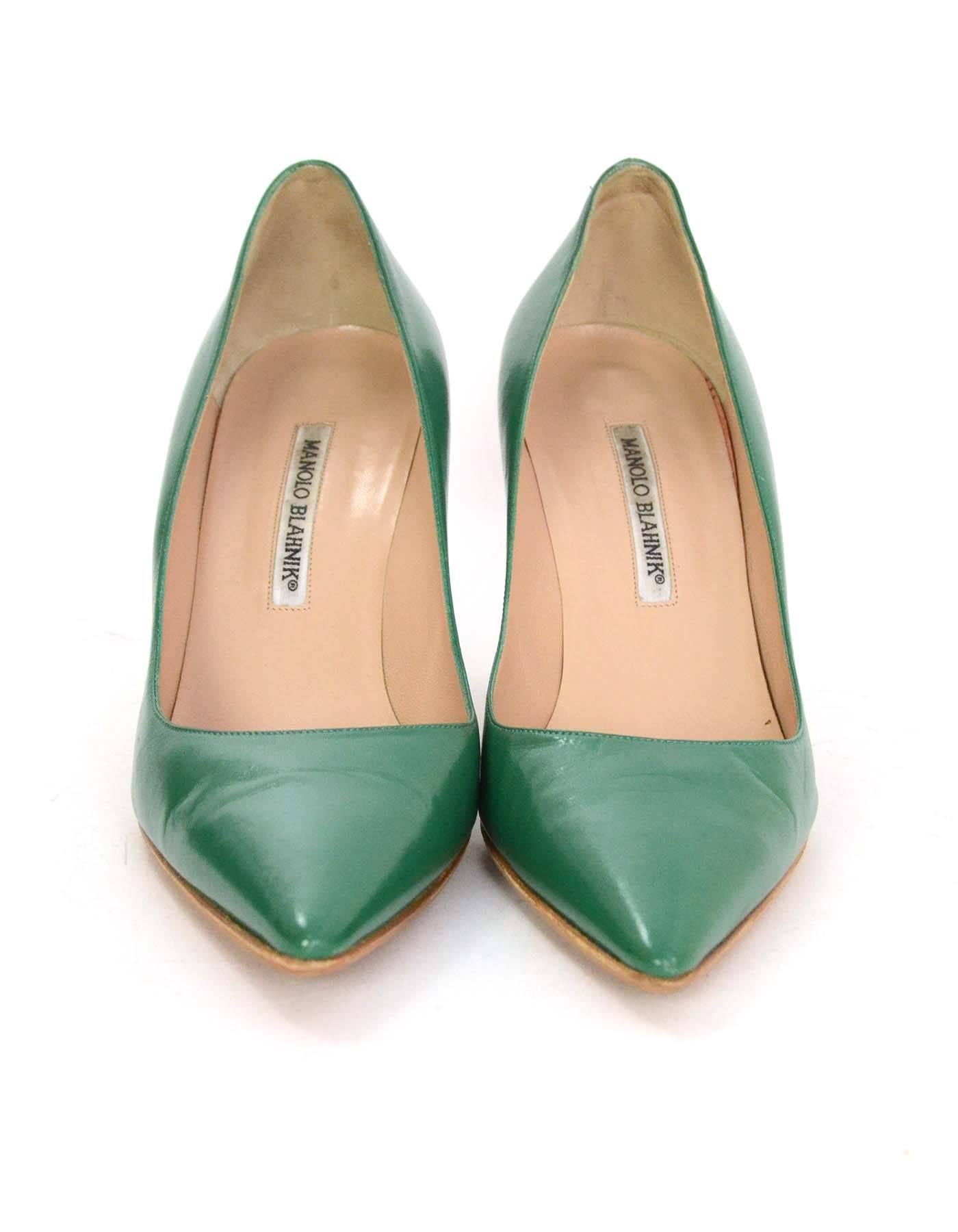 Brown Manolo Blahnik Green Leather Pointed Pumps Sz 40.5