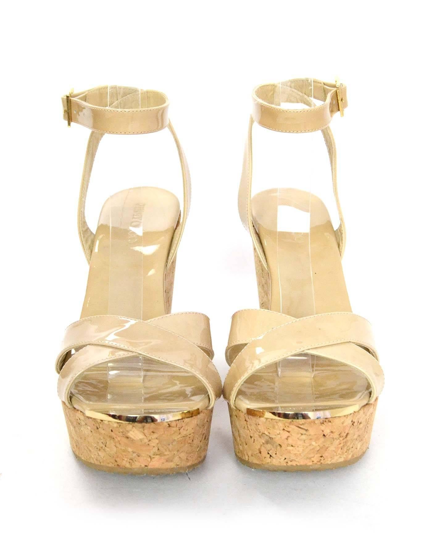 Beige Jimmy Choo Patent Leather Nude and Cork Wedges Sz 39