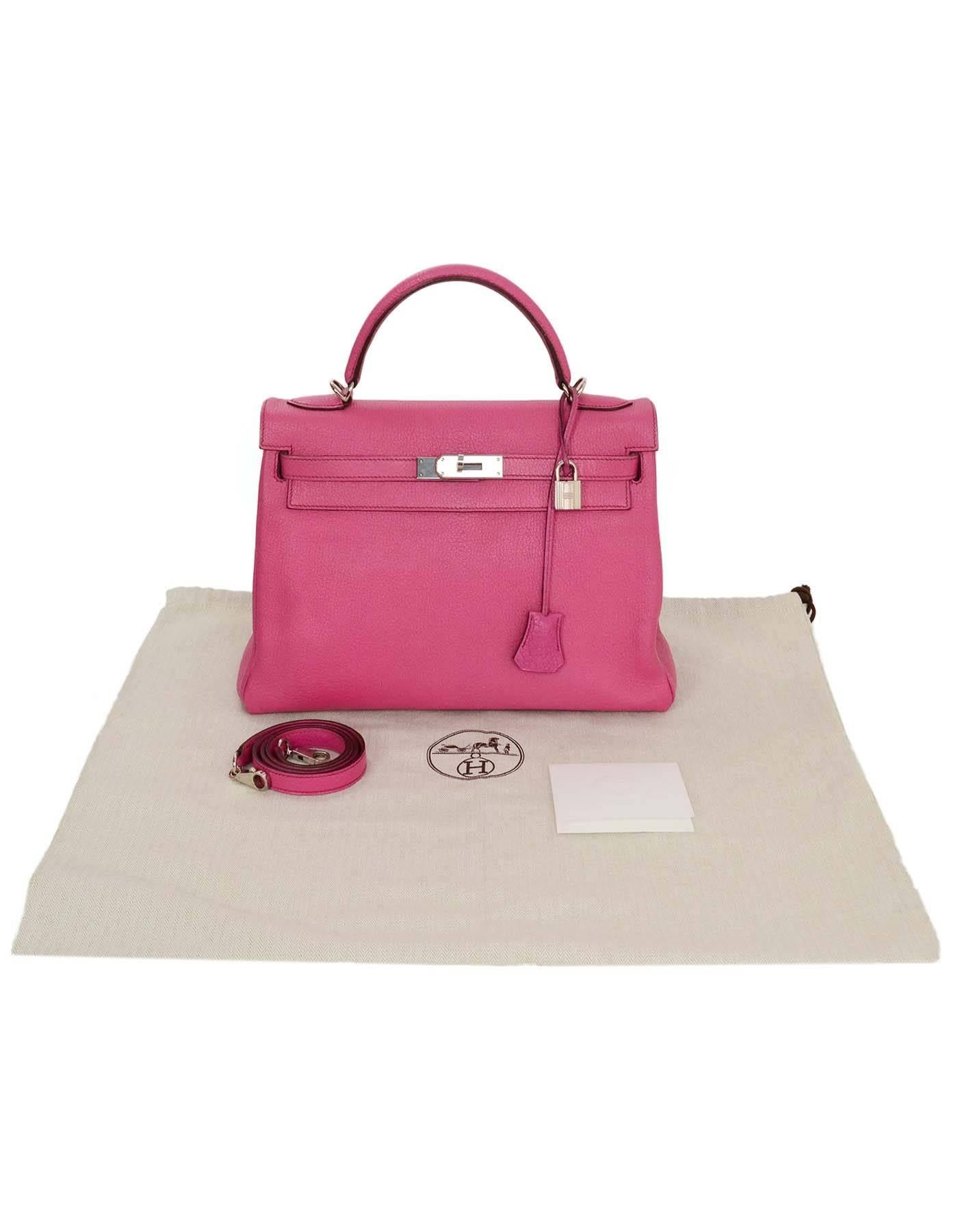 Hermes RARE Hot Pink Rose Tyrien Chevre Leather 32cm Kelly Bag with Strap PHW 3